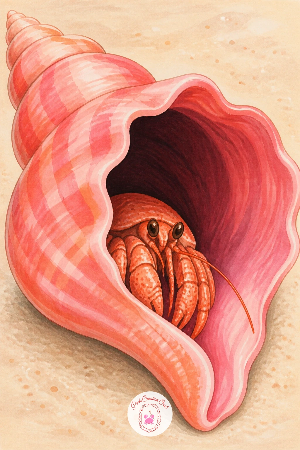 Hermit Crab Peeking Out of a Pink Conch — After a crab on the move, slow things down with one tucked snugly inside a pink conch shell, just its eyestalks and