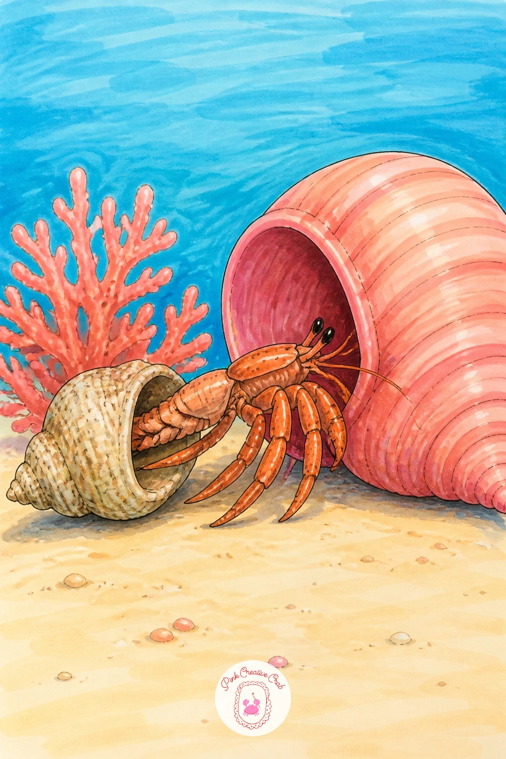 Hermit Crab Moving Into a Bigger Shell — Start simple: a hermit crab halfway out of its old shell, reaching toward a bigger one sitting just in front of it.