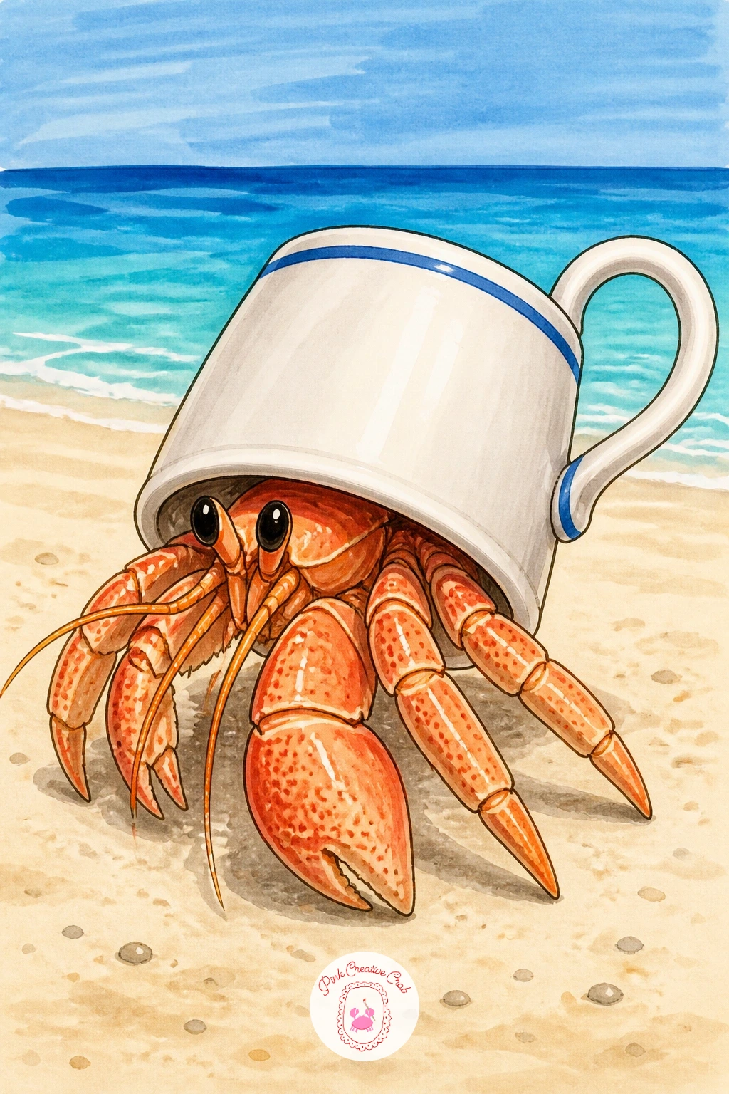 Hermit Crab Using a Teacup as a Shell — Give the last two a rest from real shells and let this one carry a tiny china teacup on its back instead, handle and