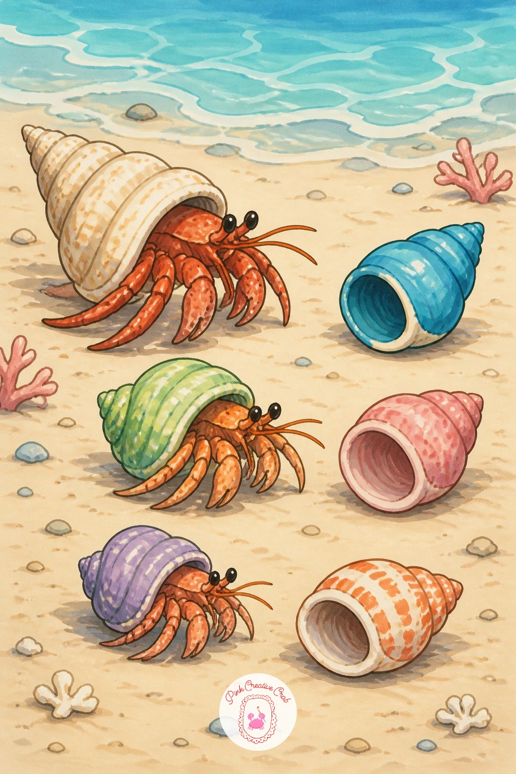 Three Hermit Crabs Lining Up to Swap Shells — Now bring in a small group: three hermit crabs in a row, each one eyeing the shell in front of it like a line