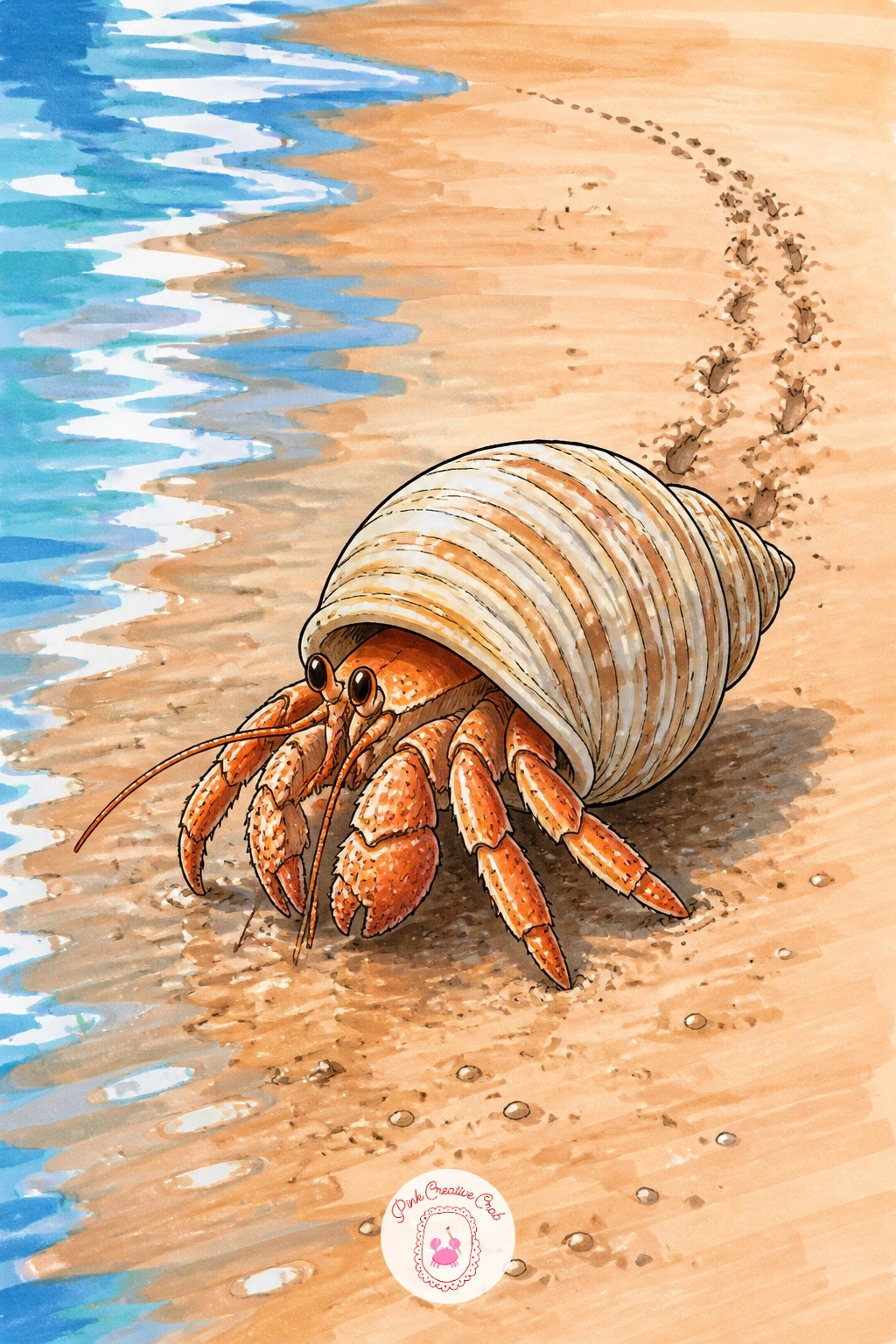 Hermit Crab on Wet Sand With Its Tracks Behind It — Give this one a sense of motion: a single hermit crab mid-stride on wet sand, with a trail of small drag