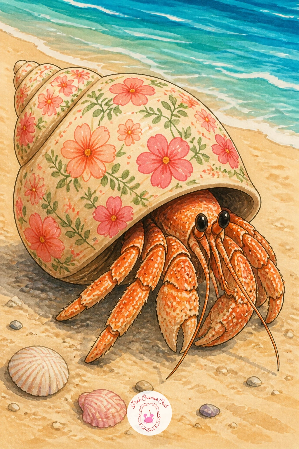 Hermit Crab in a Shell Painted With Flowers — Let the shell take center stage on this one, painted all over with small flowers like a piece of folk pottery.