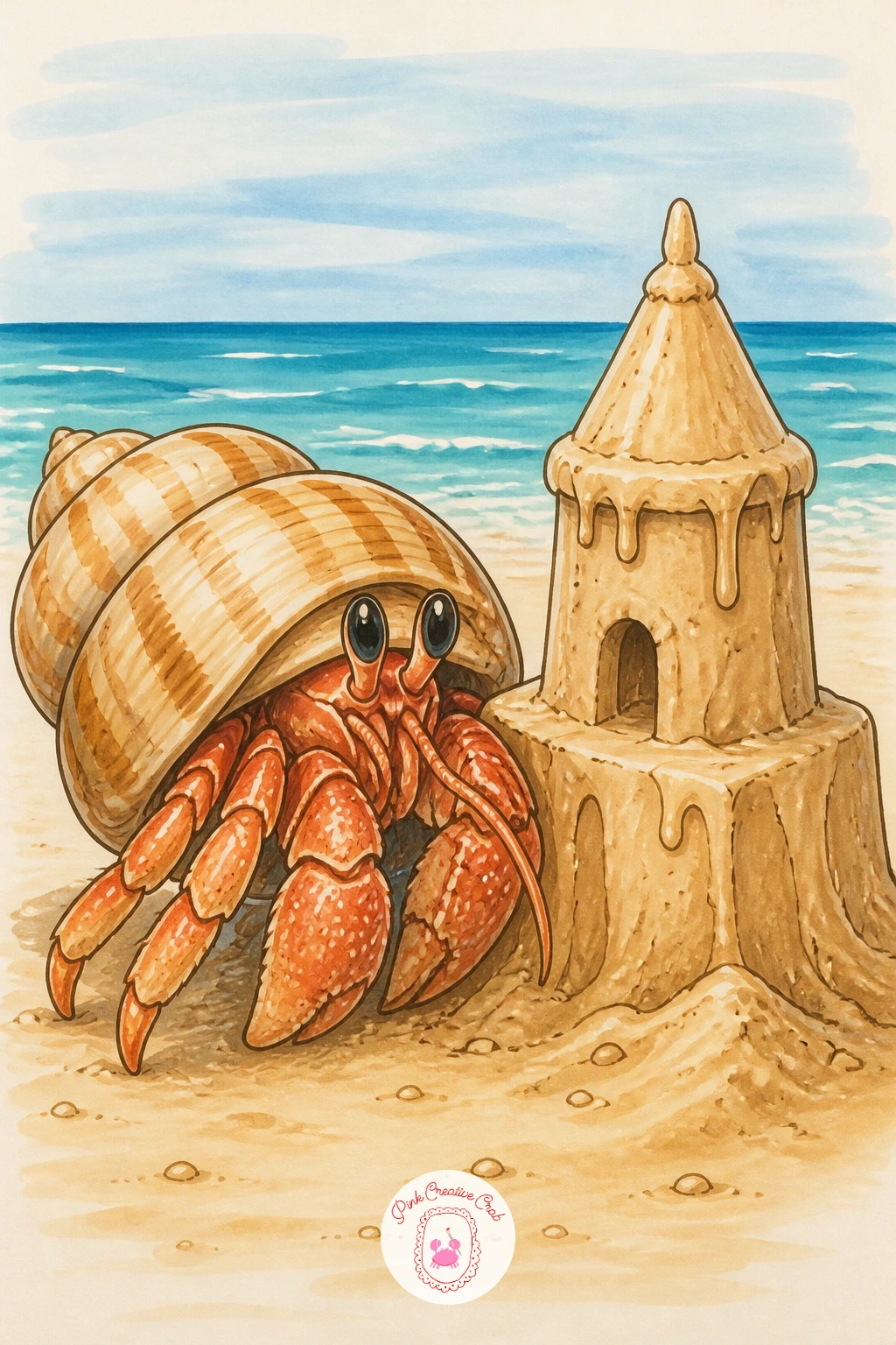 Hermit Crab Next to a Sandcastle — Pair a crab with a small sandcastle for a scene that feels like a quiet afternoon at the beach. Hermit crab drawing