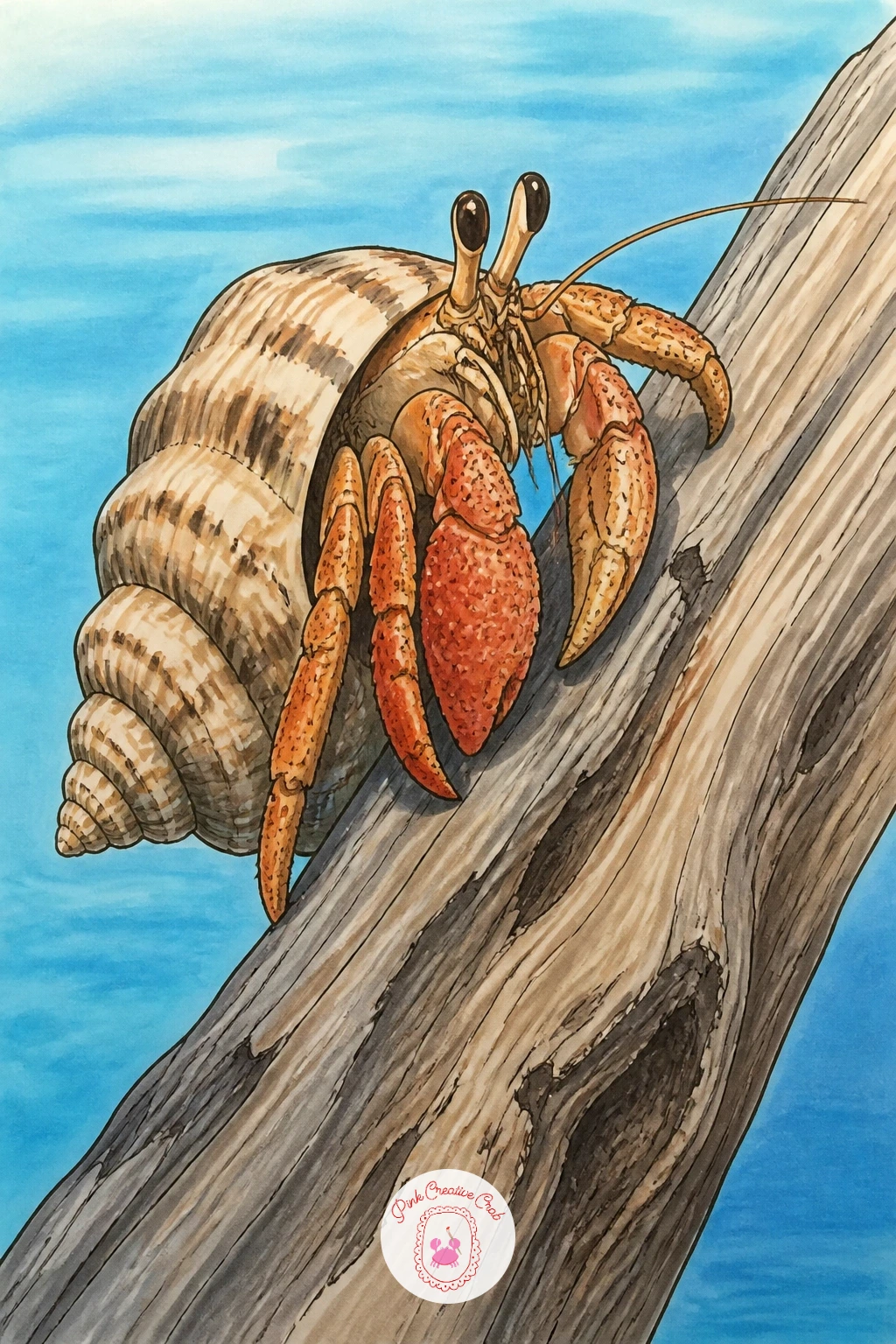 Hermit Crab Climbing a Piece of Driftwood — Driftwood gives a hermit crab something interesting to grip, so sketch a single weathered branch first, angled