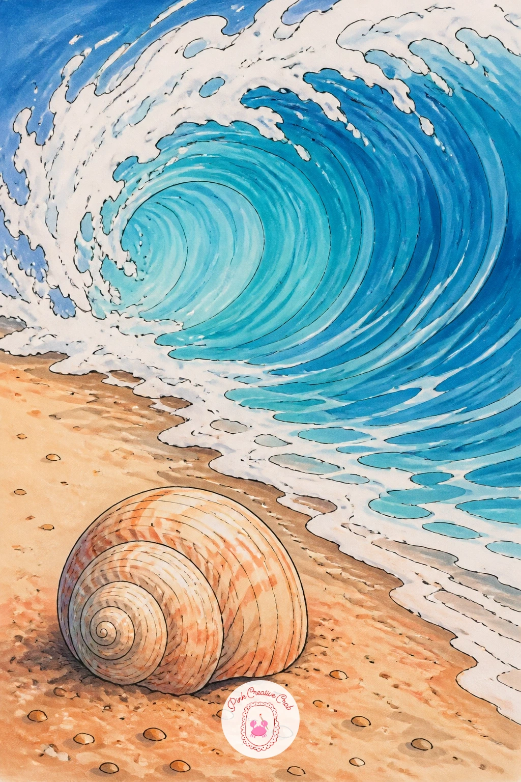 Hermit Crab Hiding as a Wave Rolls In — Bring some drama in with a crab pulled tight into its shell as a wave curls just behind it. Hermit crab drawing