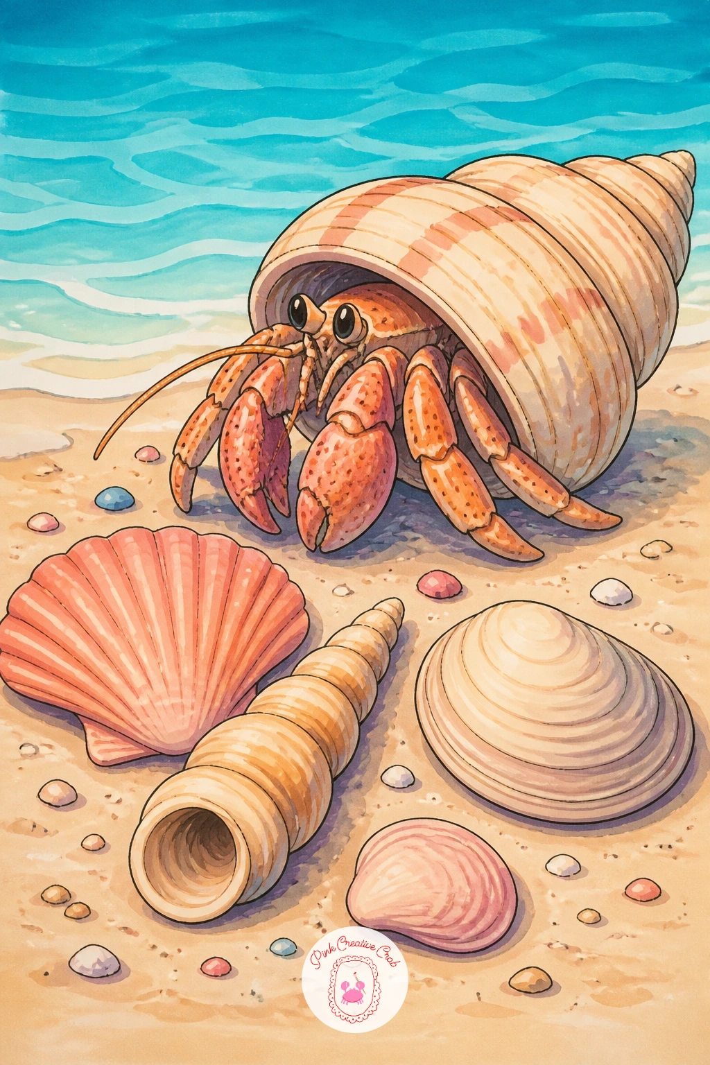 Hermit Crab Beside a Little Seashell Collection — Set a crab next to a small scattered pile of other shells, as if it had stopped to admire its options. Hermit