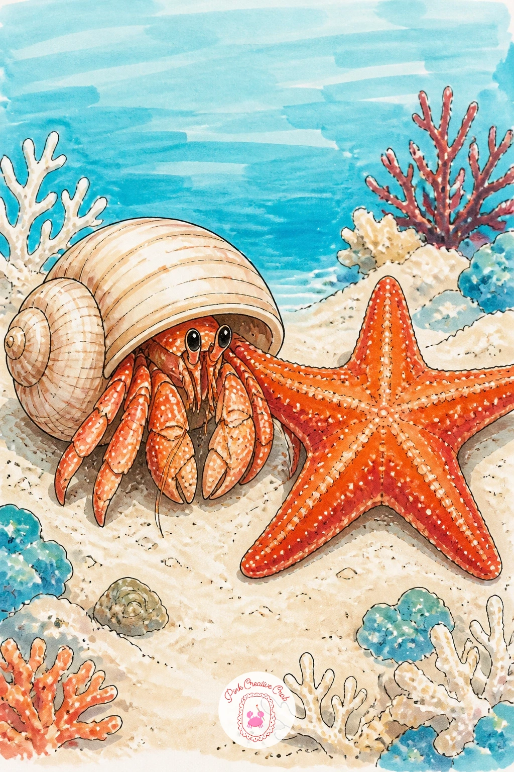 Hermit Crab and a Starfish Side by Side — Pair the crab with a starfish resting flat beside it for a simple two-subject composition. Hermit crab drawing