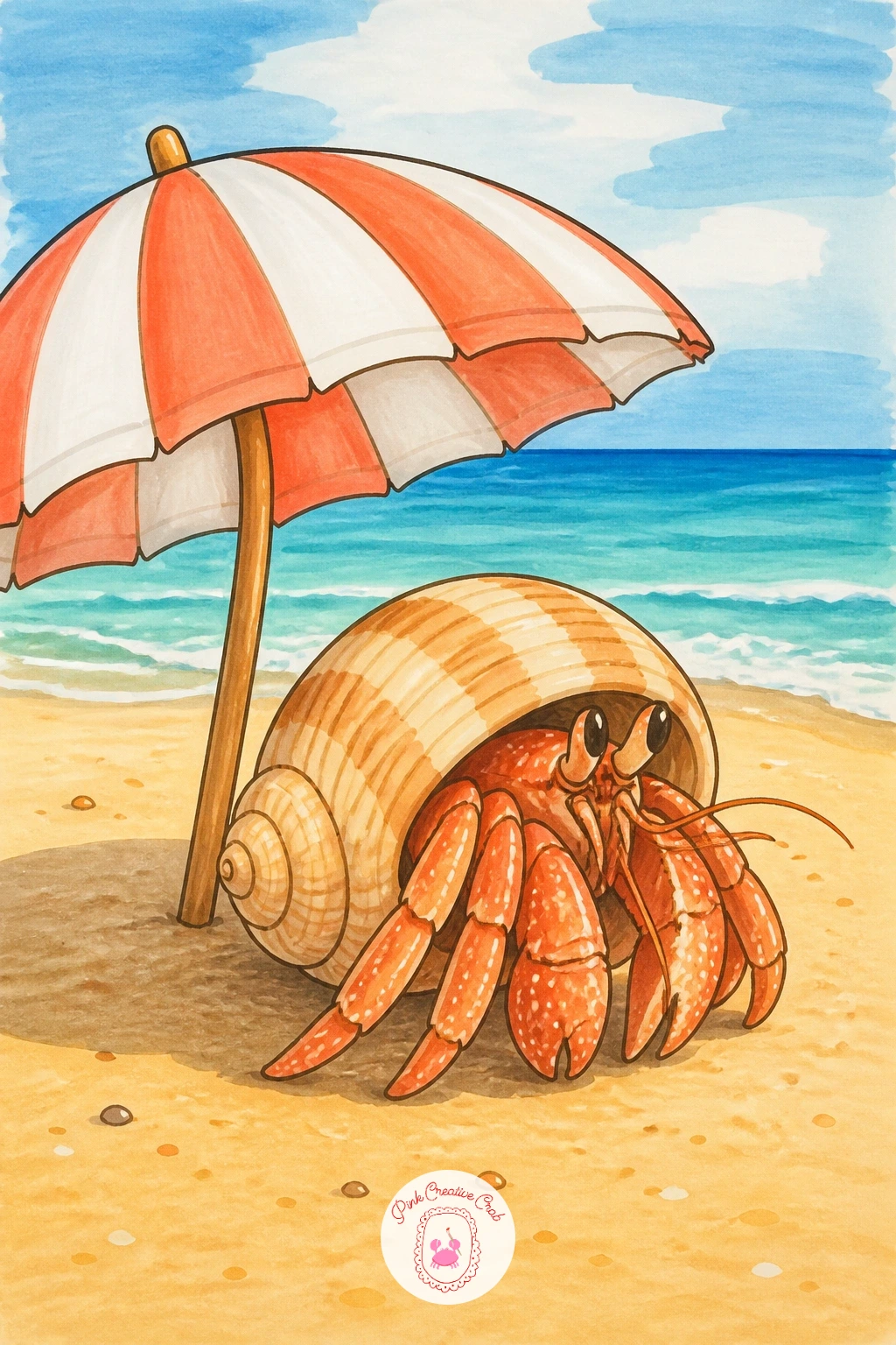 Hermit Crab Under a Beach Umbrella — Give this crab a holiday mood with its own tiny striped umbrella planted beside it in the sand. Hermit crab drawing