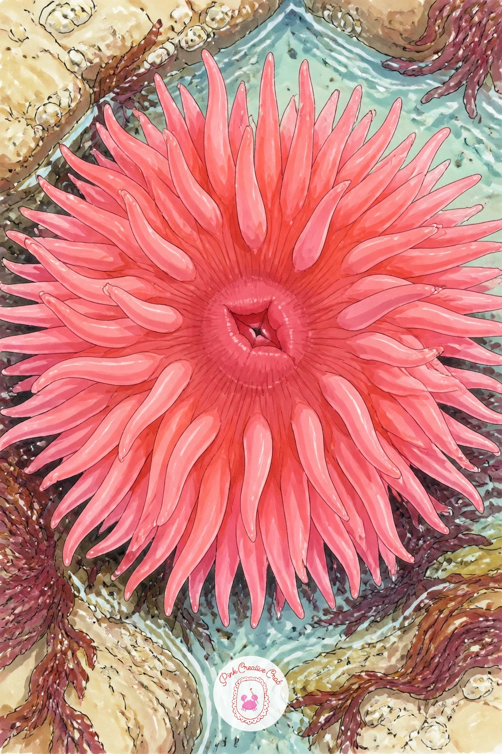Sea Anemone Opening in a Rock Pool — With the crab's world established, give one anemone the full spotlight, fully open and filling most of the frame. Hermit