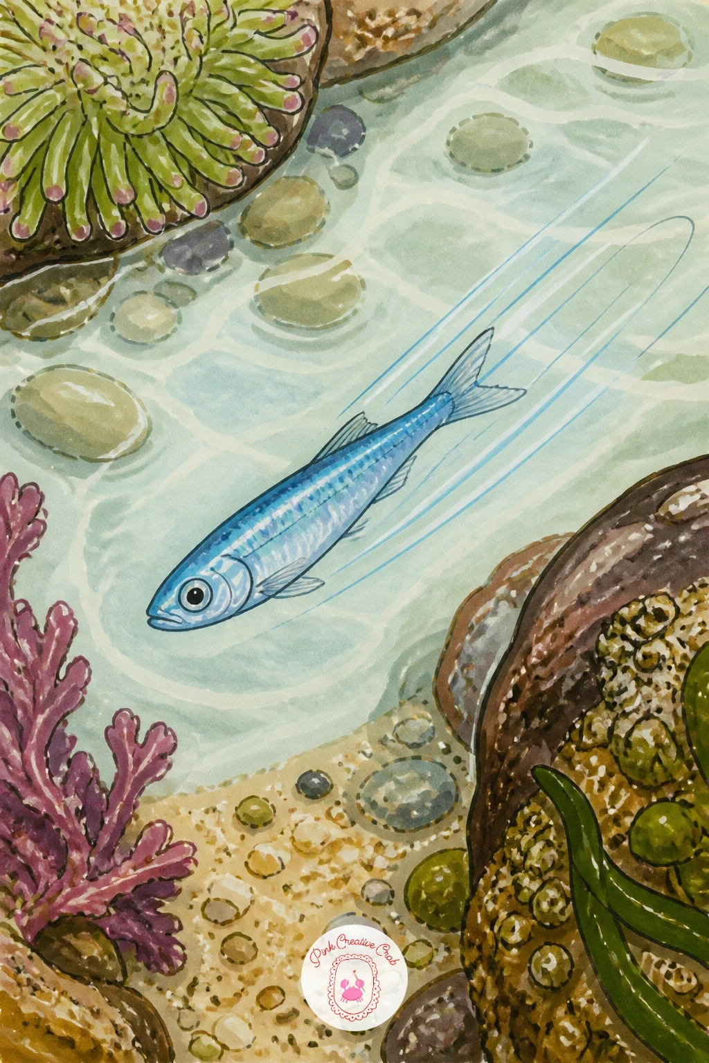 Tiny Fish Darting Through a Tide Pool — Add a flicker of motion with a single small fish caught mid-dart through clear pool water. Hermit crab drawing