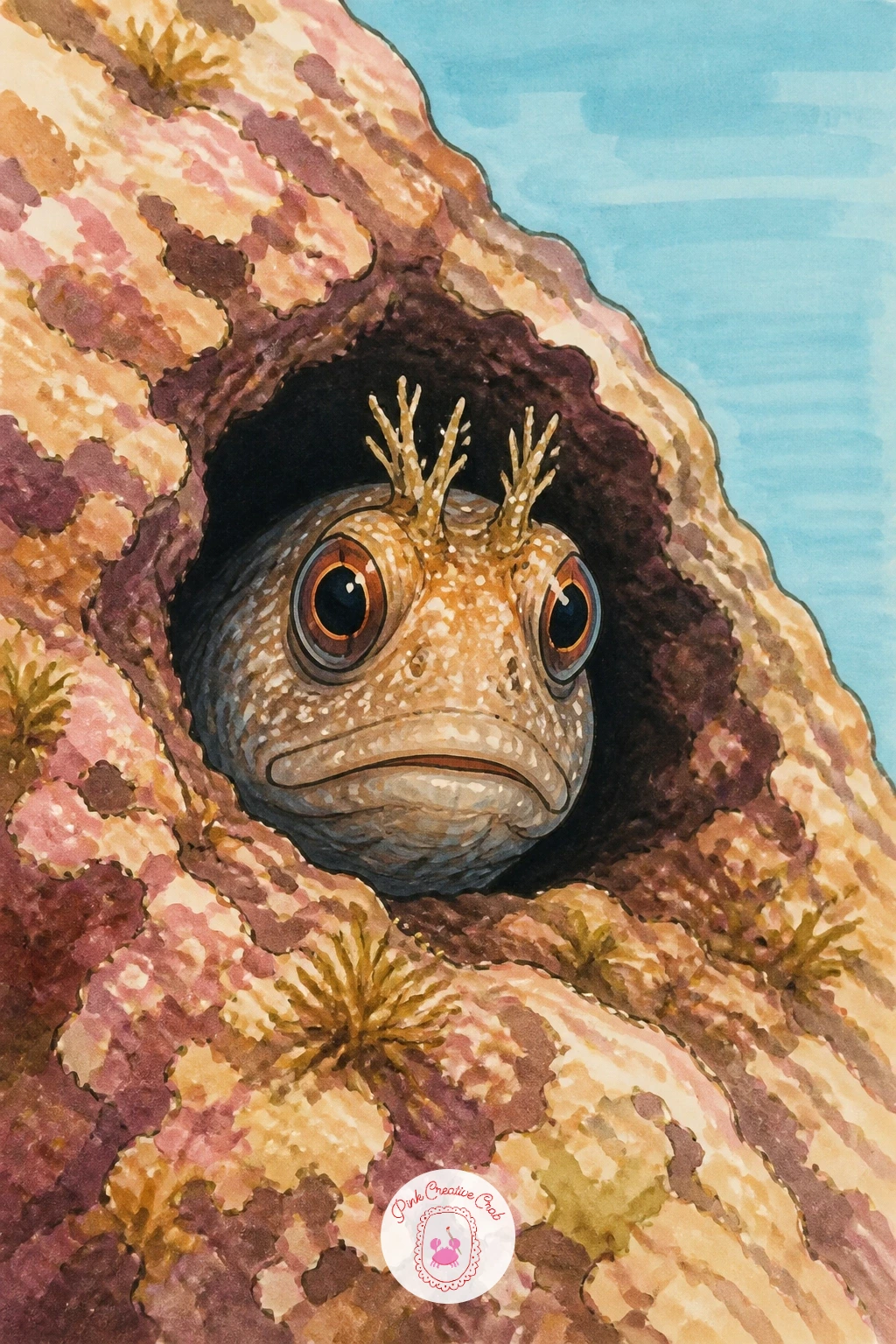 Blenny Peeking Out of a Hole in the Rock — Give the next subject real personality: a small blenny fish with its head poking out of a gap in the rock, wide eyes