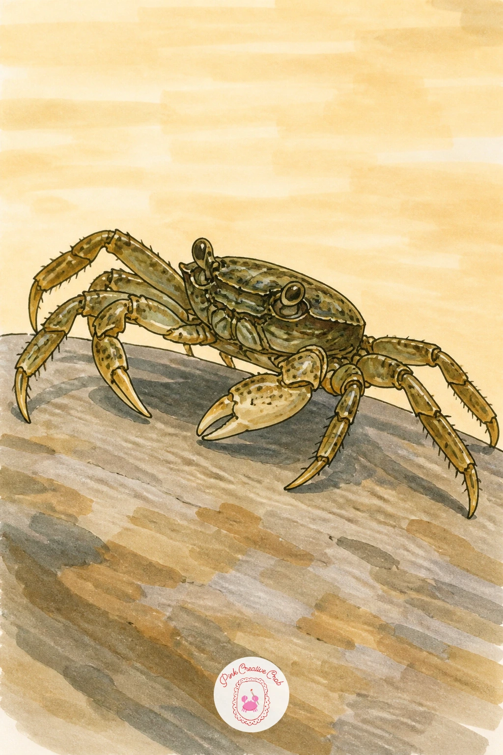 Little Shore Crab Walking Sideways on a Rock — Switch crab species for a moment with a small shore crab mid-scuttle across a flat rock. Hermit crab drawing