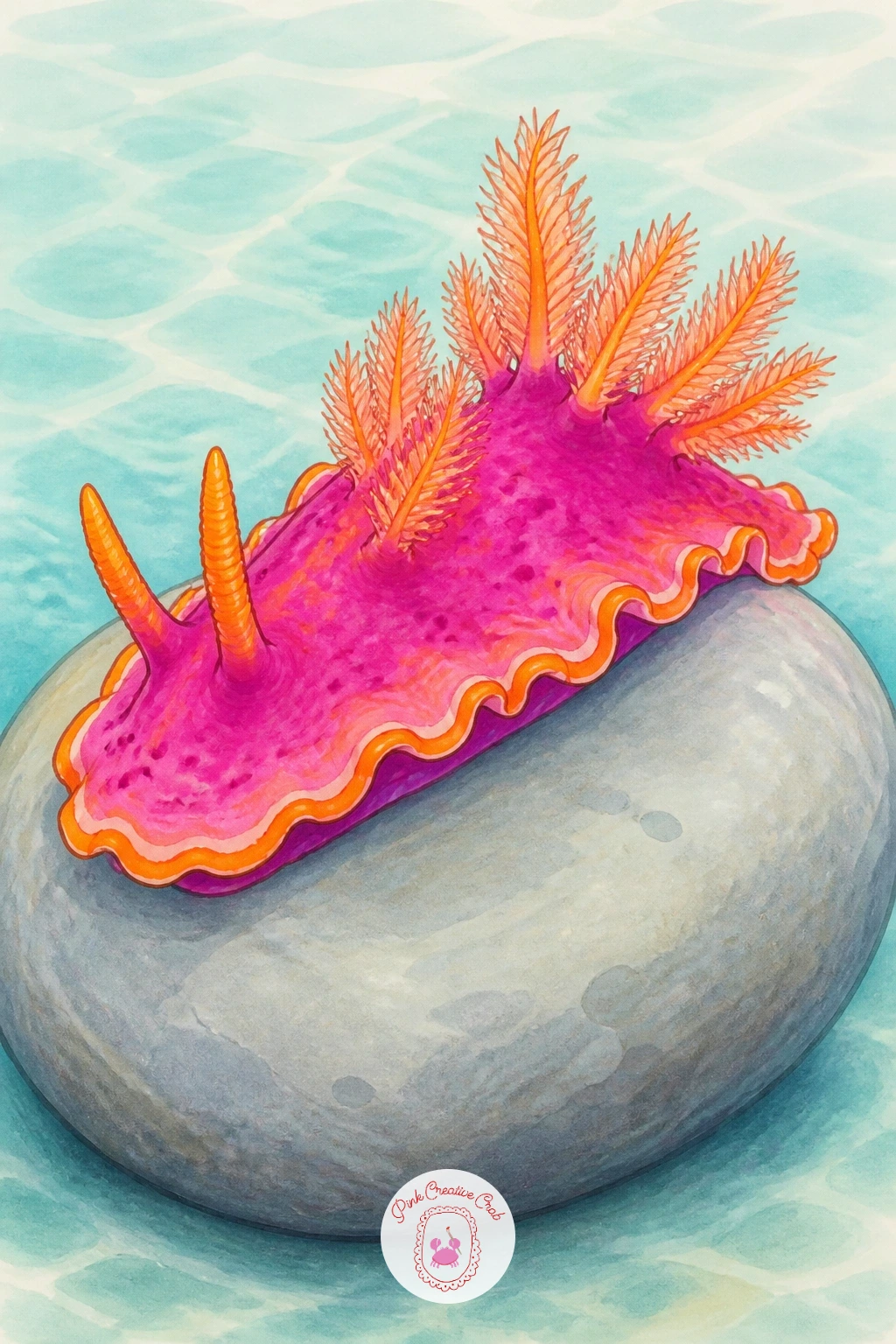 Sea Slug on a Pebble — Slow the pace right down with a small, brightly colored sea slug resting on a smooth rounded pebble. Hermit crab drawing