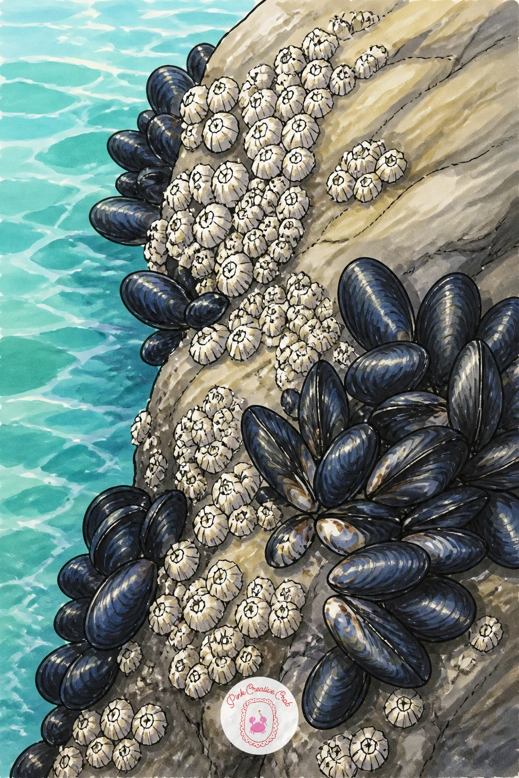 Barnacles and Mussels on a Rock — Build a small textured scene next with a cluster of barnacles and mussels packed along a rock edge. Hermit crab drawing