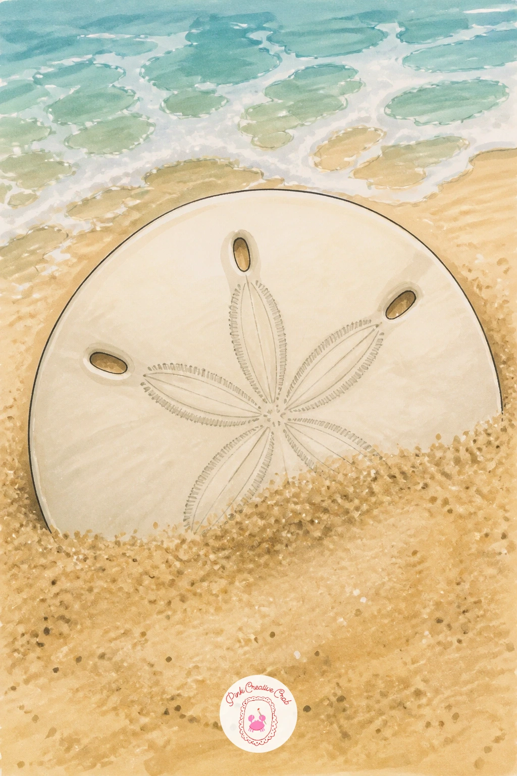 Sand Dollar Half Buried in Sand — Return to a quieter, simpler shape with a single sand dollar, half buried so only part of its pale disc shows above the