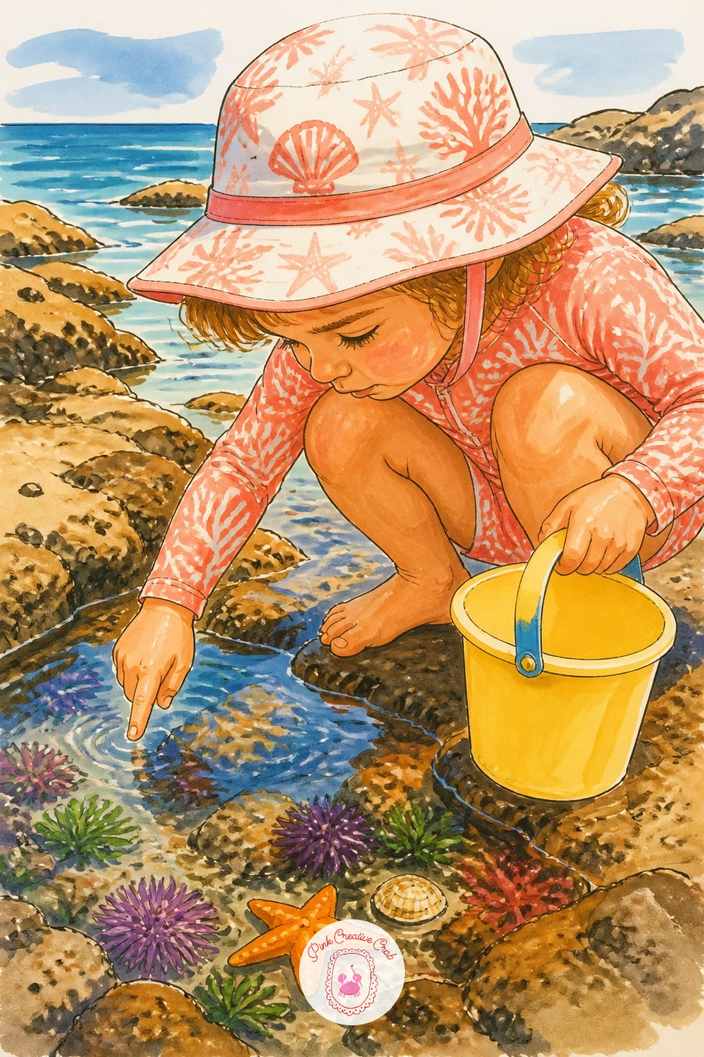 Child With a Bucket Peering Into a Tide Pool — Bring a human moment into the mix with a small child crouched beside a pool, bucket in hand, peering down at