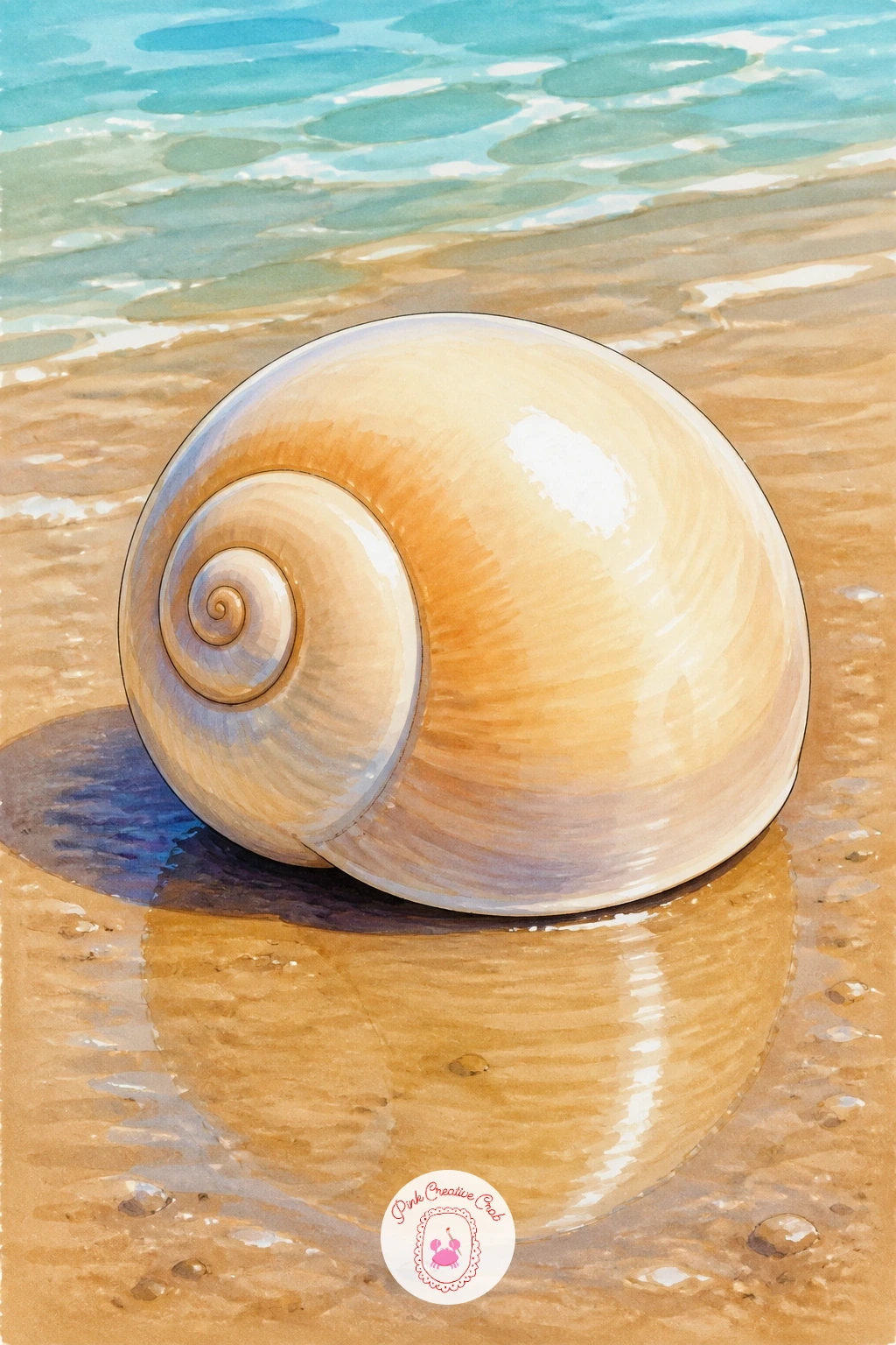 Moon Snail Shell on Wet Sand — Give the final stretch a calm single-object subject: a smooth, rounded moon snail shell sitting alone on glistening wet sand.