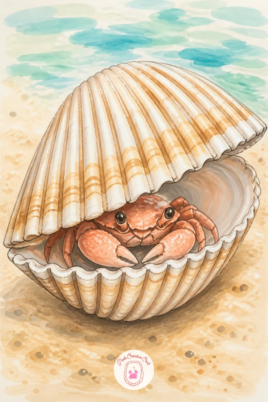Cockle Shell With a Tiny Crab Inside — Close the set with one last small surprise: a ridged cockle shell with a tiny unexpected crab tucked inside it instead