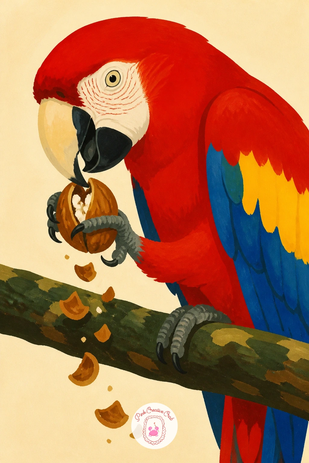 Scarlet Macaw Cracking a Nut — Scarlet macaw red is the loudest color on this whole list, so start there: block in the body with Cadmium Red Light in one flat