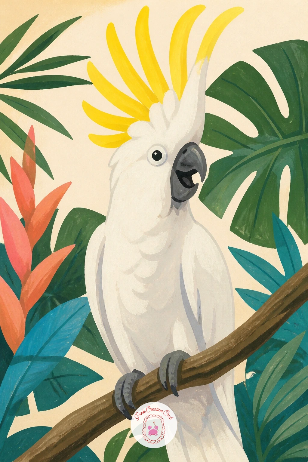 Cockatoo Raising Its Yellow Crest — Surprise is a pose, so before mixing any paint, decide where that crest points: straight up and fanned means startled