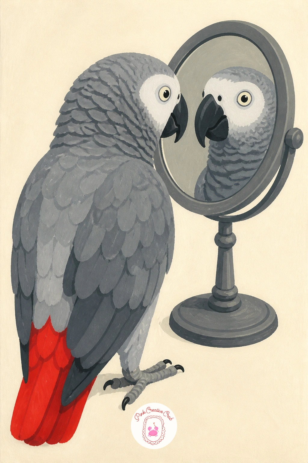 African Grey Parrot Studying Itself in a Small Mirror — Mirrors mean painting the bird twice at a slightly different angle, so this is the idea to pick once
