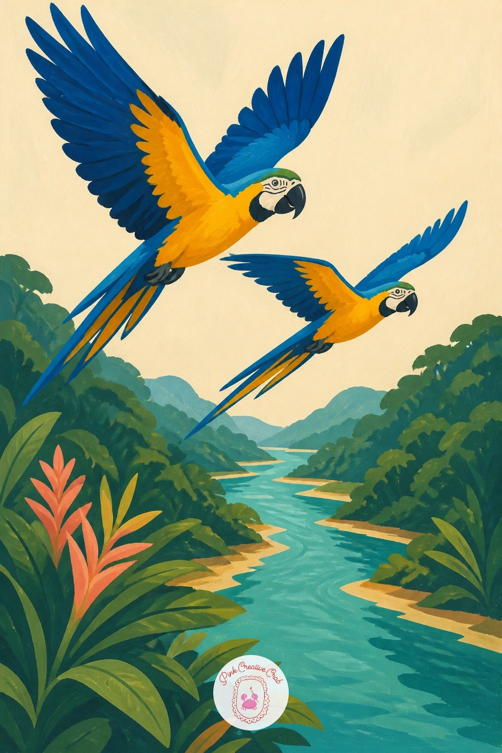 Blue and Gold Macaws Flying Over a River — Flight changes everything about eye level: paint this pair from below, as if you are standing on the riverbank