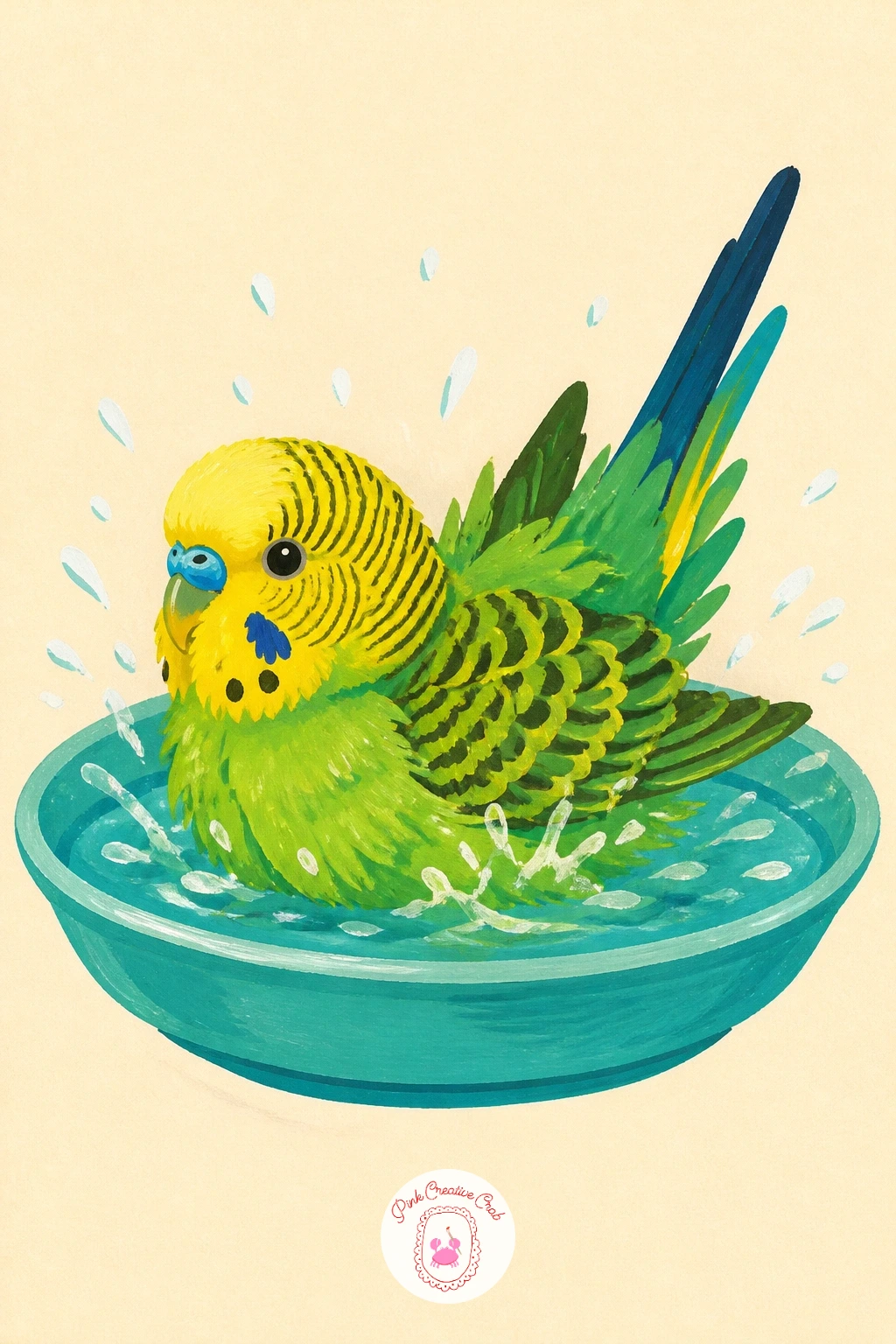 Budgie Bathing in a Saucer of Water — Small and quick, a bathing budgie is the idea to reach for when time is short. Parrot painting
