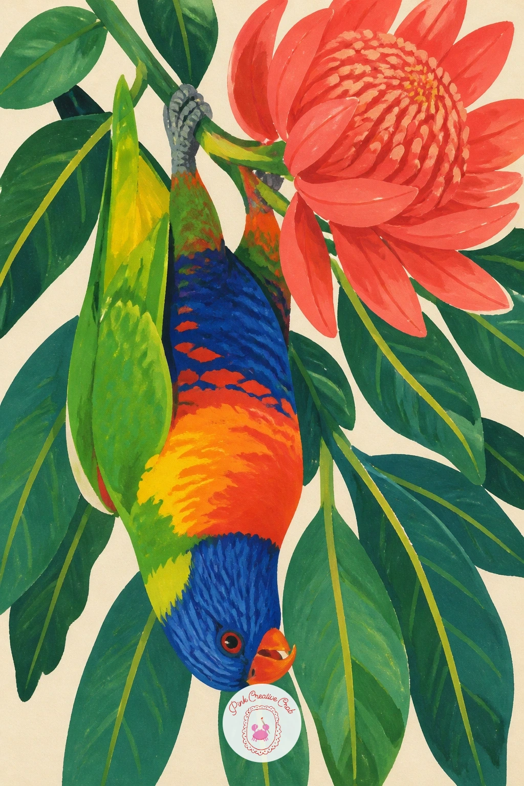 Rainbow Lorikeet Hanging Upside Down From a Blossom — Hanging upside down flips every proportion rule you would normally use, so measure the head against the