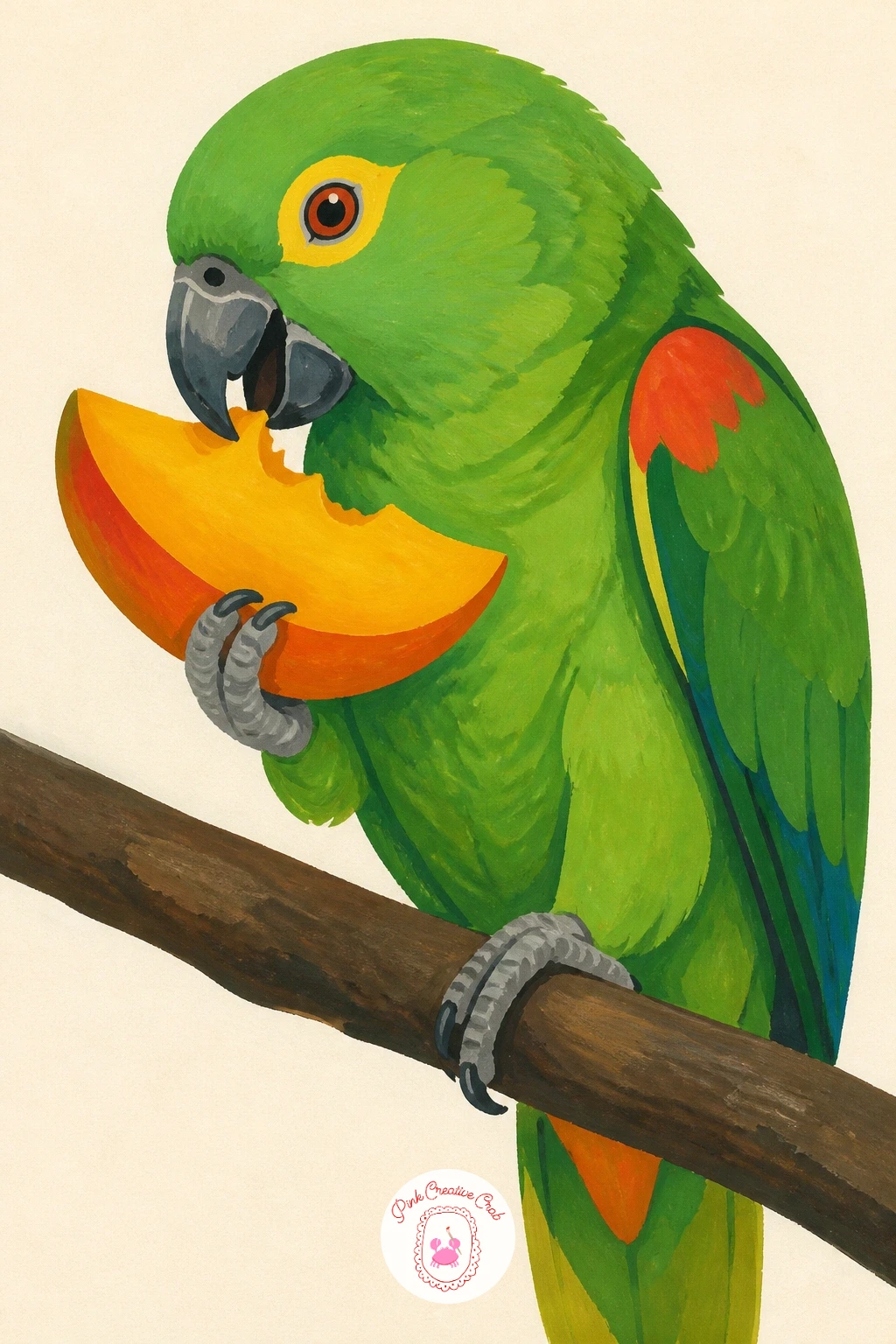 Green Parrot Eating a Slice of Mango — Mango orange against parrot green is the whole appeal here, so plan that contrast before you mix a single color. Parrot