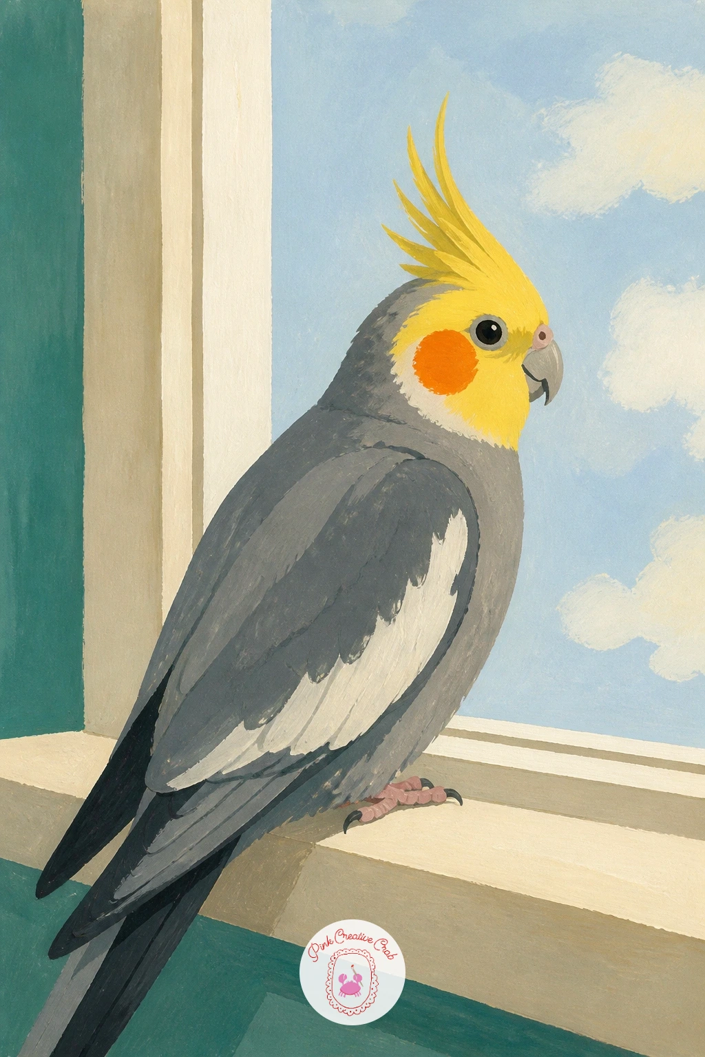Cockatiel With Orange Cheeks on a Windowsill — Windowsill light comes from one side only, so decide now whether it is morning light from the left or afternoon