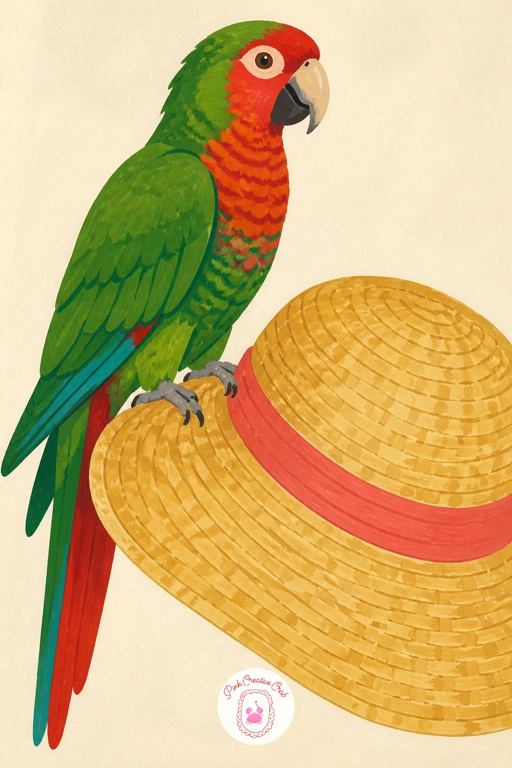 Parrot Perched on the Brim of a Straw Sun Hat — A straw hat gives you a chance to practice one texture trick before moving on to feathers. Parrot painting