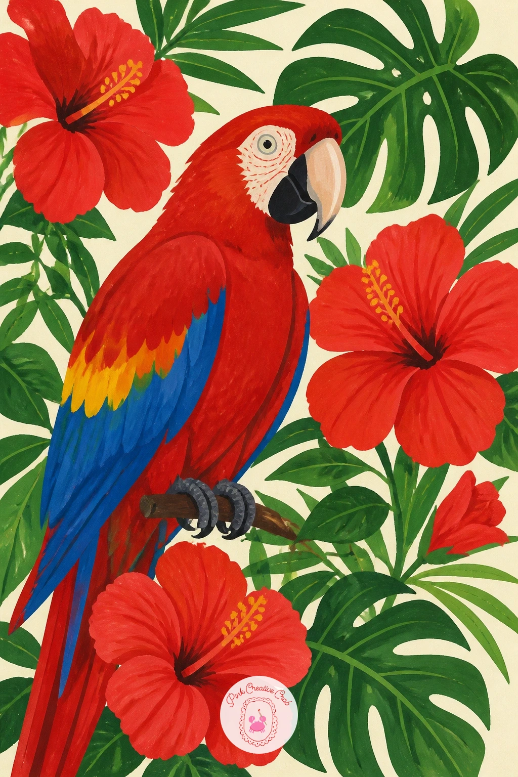 Macaw Among Red Hibiscus Flowers — Red on red is a real test of proportion and placement, since a scarlet macaw surrounded by red hibiscus blooms can merge