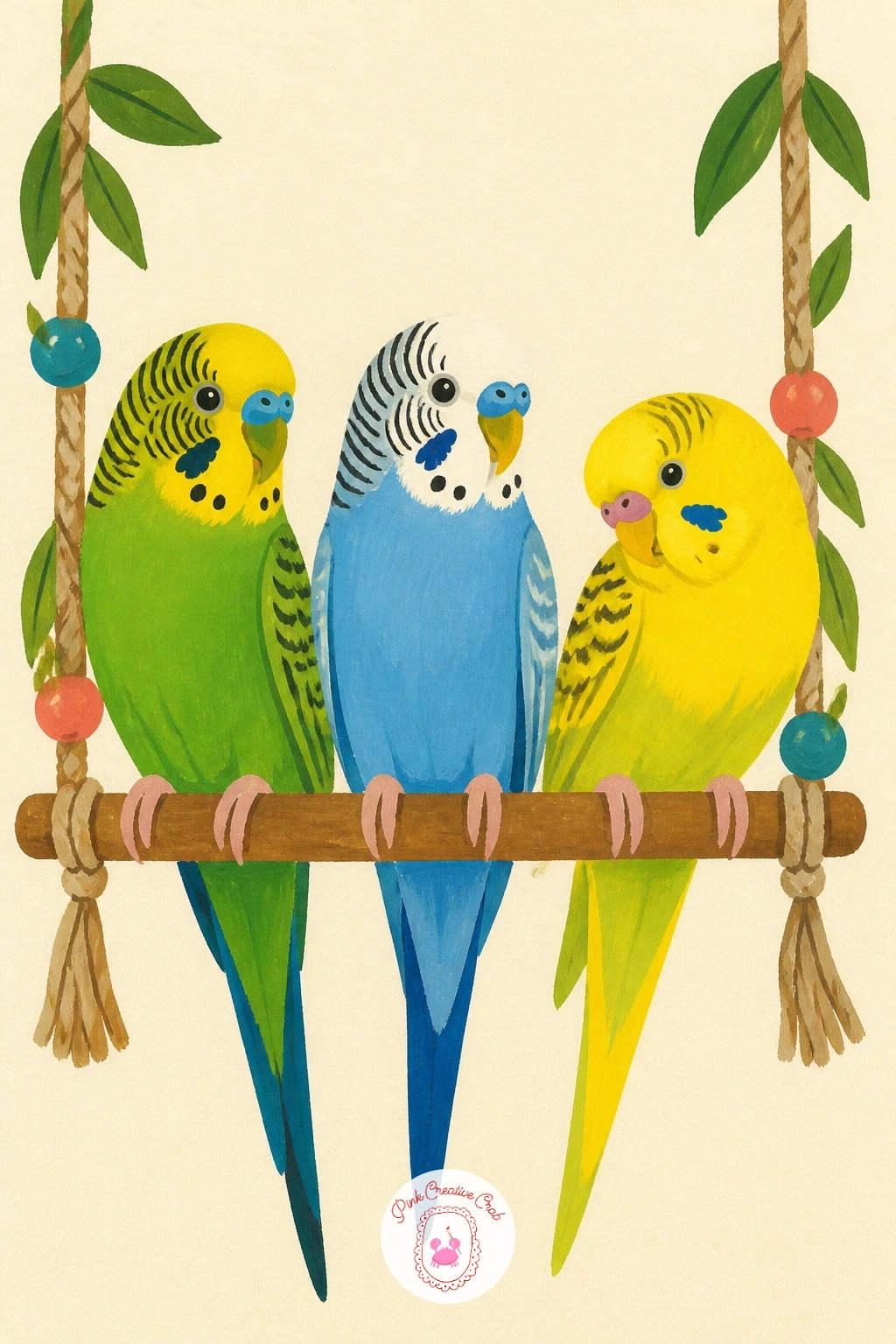 Three Budgies Sitting in a Row on a Swing — Three birds on one swing is really about rhythm: vary their colors and poses so the eye travels along the row
