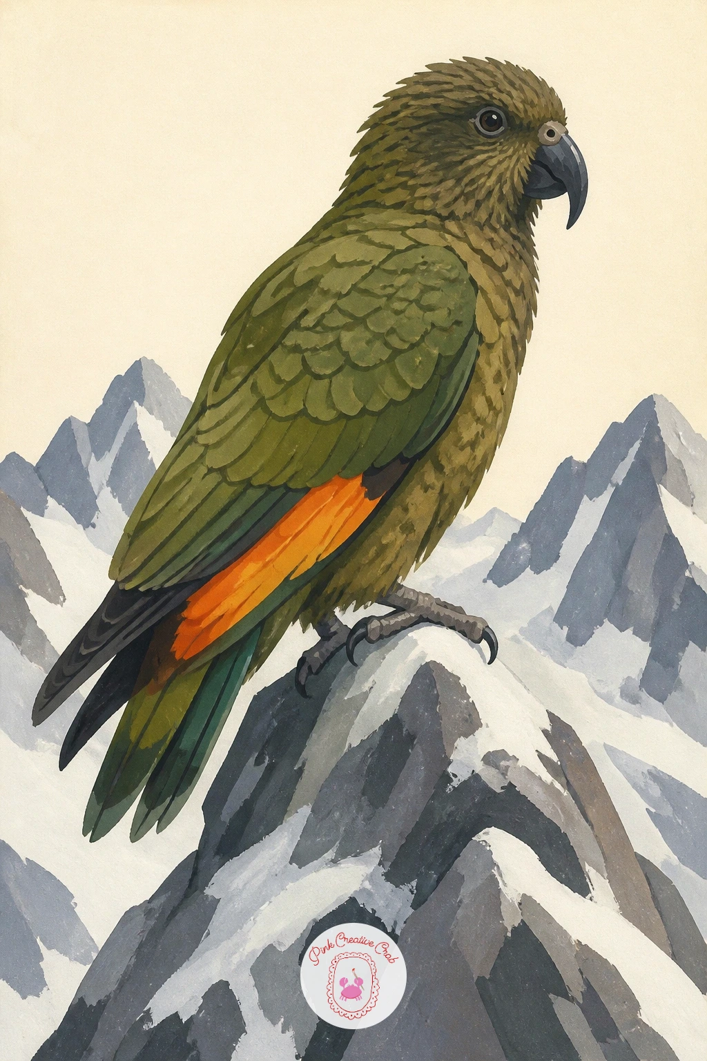 Kea Parrot on a Snowy Mountain Rock — Snow and jungle green do not usually share a page, which is exactly what makes a kea parrot refreshing here: it is an
