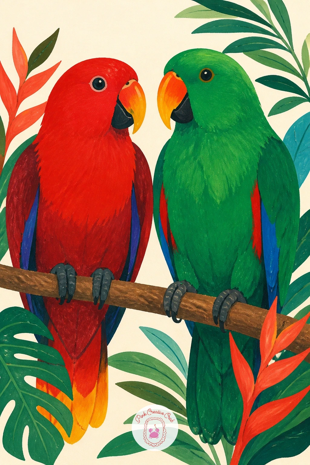 Eclectus Parrot Pair, One Red and One Green — Male and female eclectus parrots look so different in color that painting them side by side becomes a lesson in