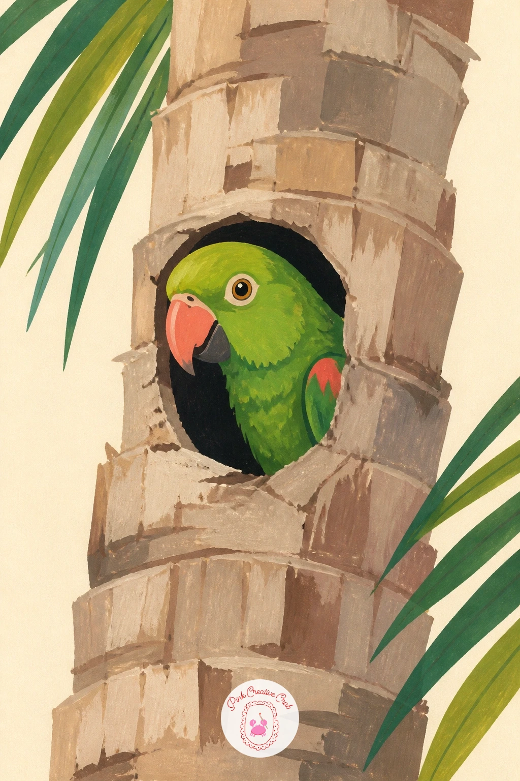 Parrot Peeking Out of a Hole in a Palm Trunk — Only the head and shoulders show here, which makes this one of the quickest paintings on the list. Parrot
