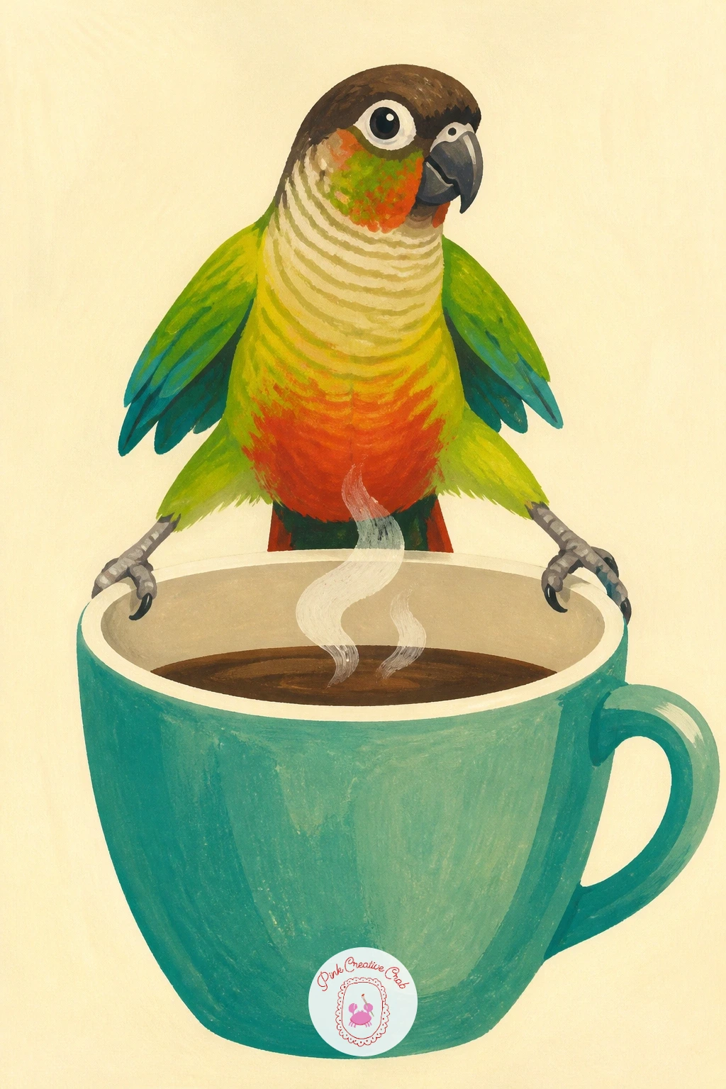 Conure Balancing on the Rim of a Coffee Cup — A tiny bird on a tiny cup lives or dies on scale, so measure the conure's body against the cup before committing