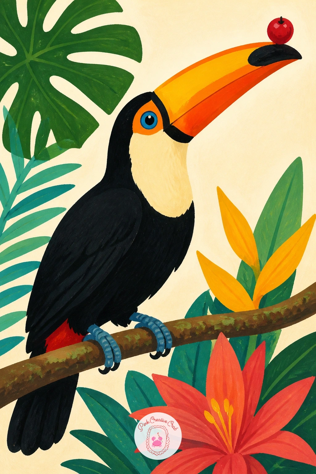 Toucan Balancing a Berry on Its Huge Beak — The beak is the whole picture with a toucan, so give it the time the bird's body does not need. Parrot painting