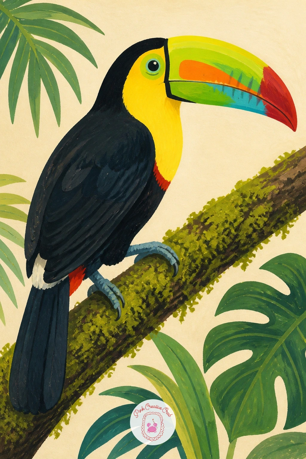 Keel-Billed Toucan on a Mossy Branch — This toucan leans on texture rather than action, so after the last idea's bold beak, slow down here and build up the