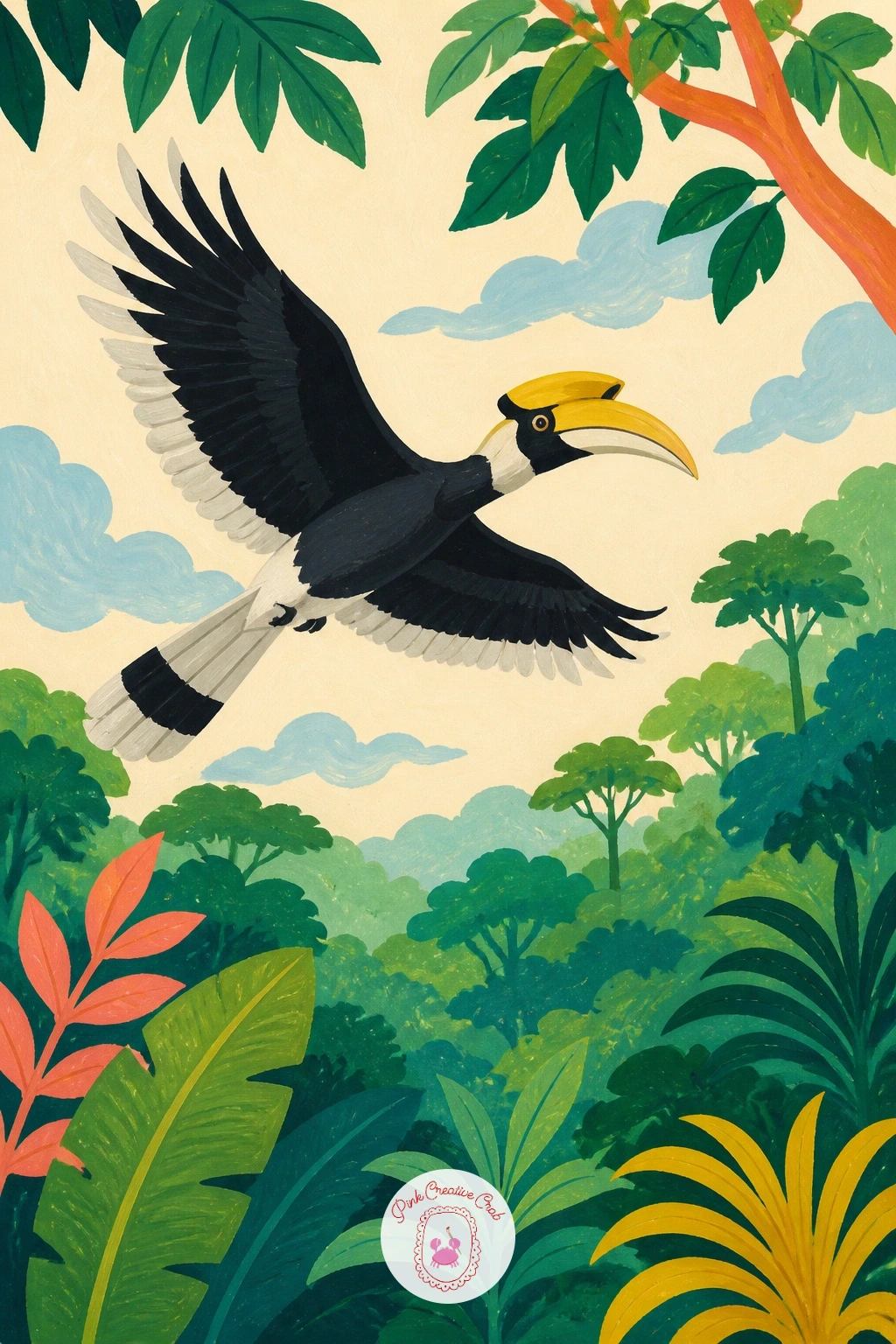 Hornbill Flying Over the Jungle Canopy — Painting a hornbill from below means its heavy curved casque on top of the beak becomes a strong silhouette against
