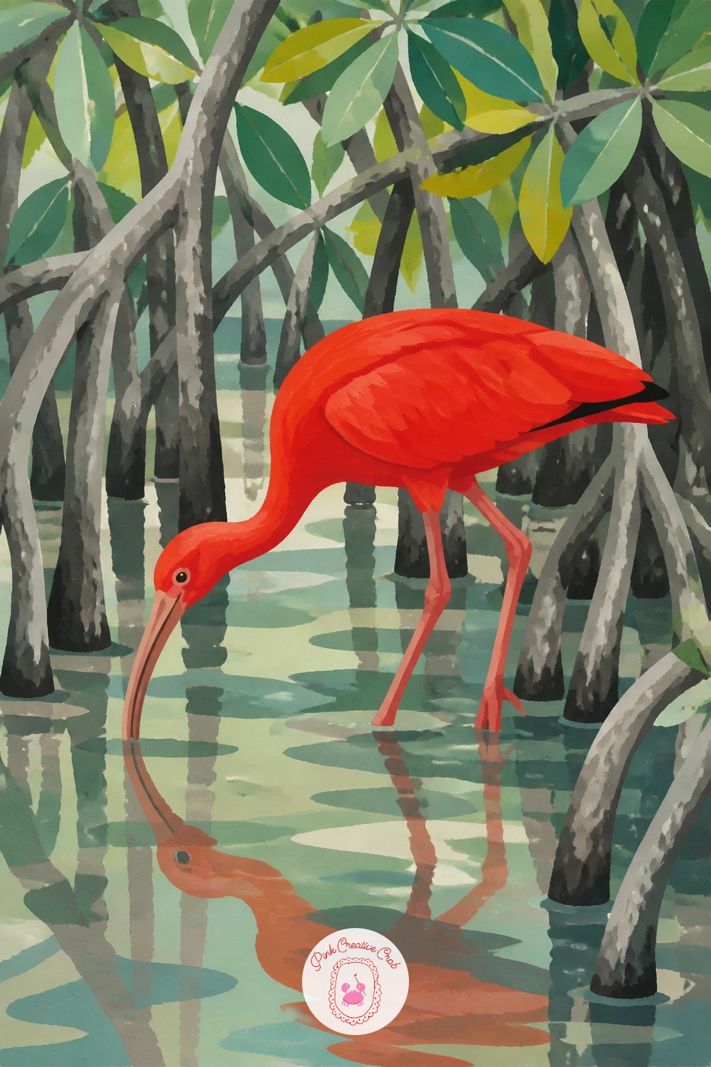 Scarlet Ibis Wading Among Mangrove Roots — Mangrove roots give you a chance to build an interesting lower composition before the bird even goes in. Parrot