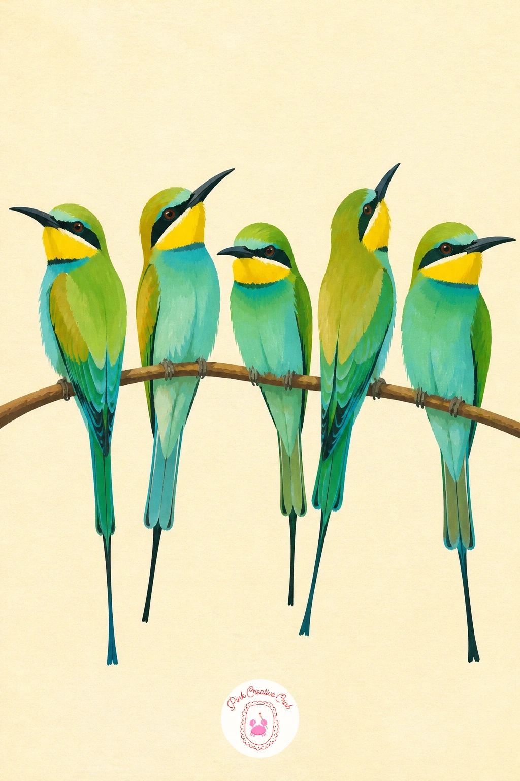 A Row of Bee-Eaters on a Branch — Several bee-eaters together calls back to the budgie swing idea, so apply the same rule: vary pose and color intensity so the