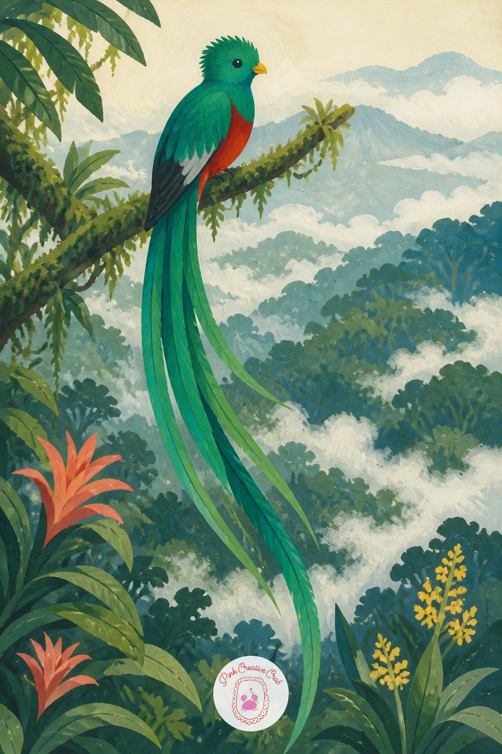 Quetzal With a Long Green Tail in a Cloud Forest — That famous tail is longer than the bird's whole body, so plan your page vertically and leave generous room