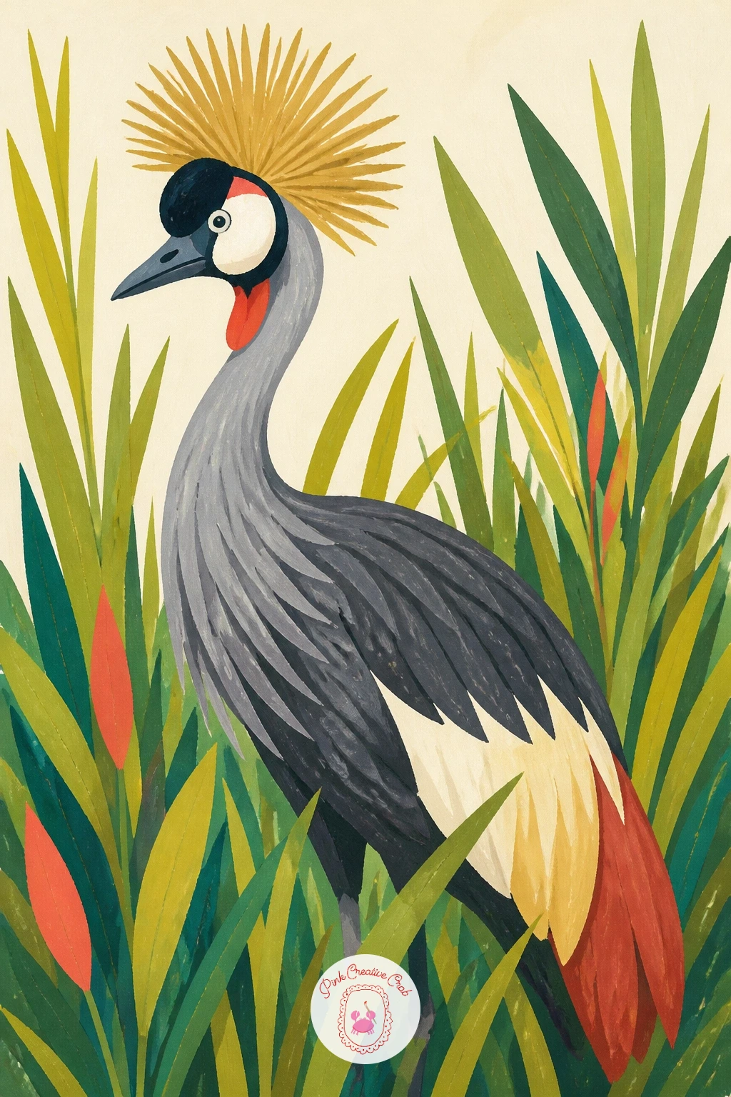 Crowned Crane in Tall Grass — Tall grass means painting negative space as carefully as the bird itself, so block the crane's body first in pale grey with a