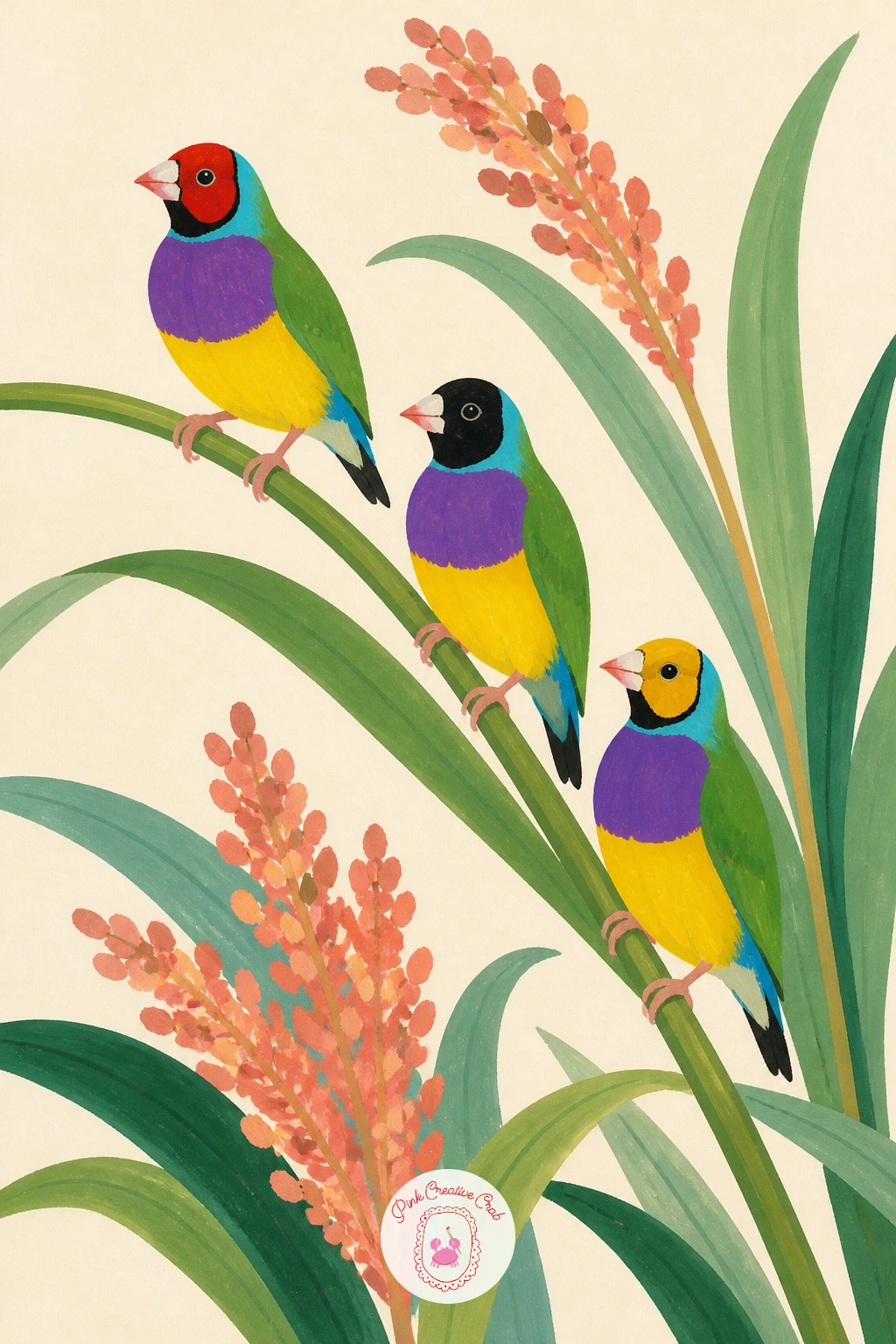 Three Gouldian Finches on One Grass Stalk — Gouldian finches come in several head colors in real life, so use that fact here the way the budgie swing used