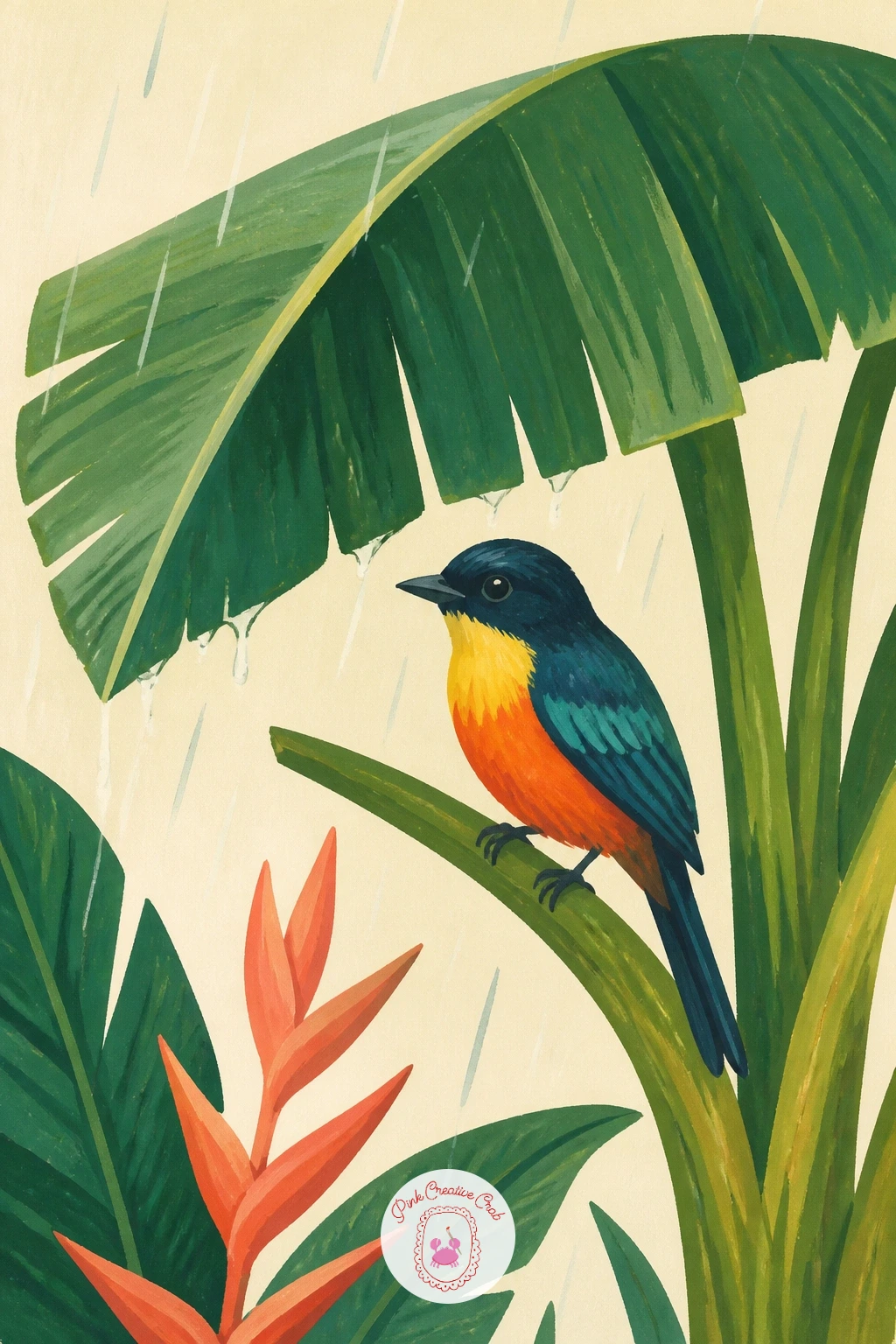 Tropical Bird Sheltering Under a Banana Leaf in the Rain — Rain changes the light to flat and soft, so this scene suits muted, cooler color choices rather than