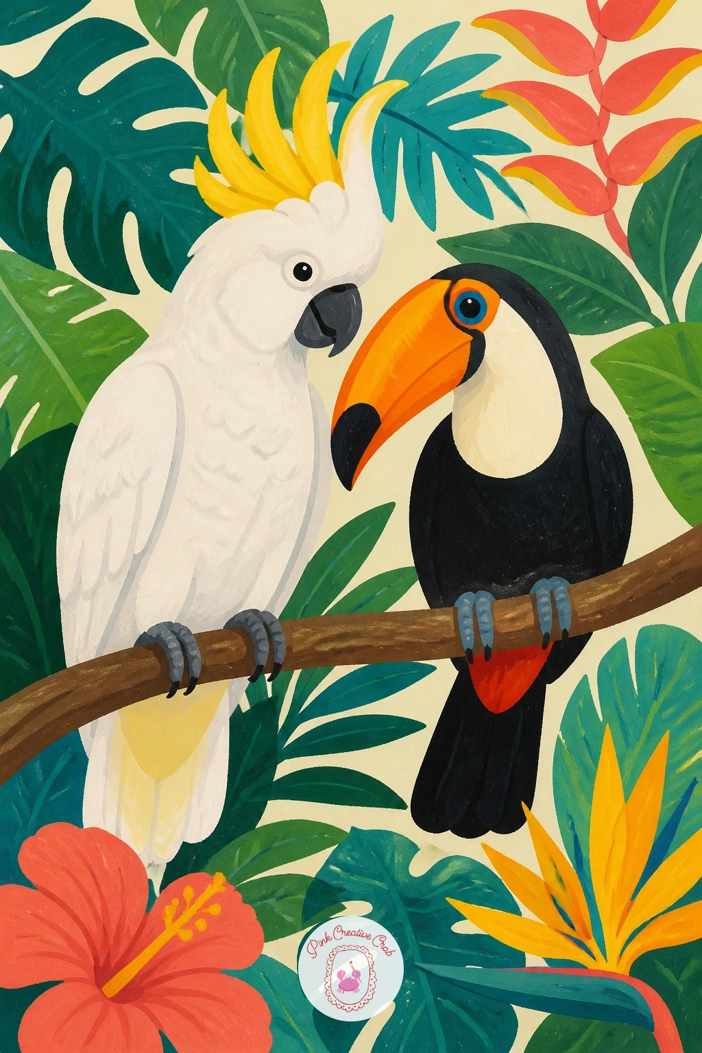 Cockatoo and a Toucan Sharing a Branch — Closing the list with two very different birds on one branch is a good test of everything practiced so far