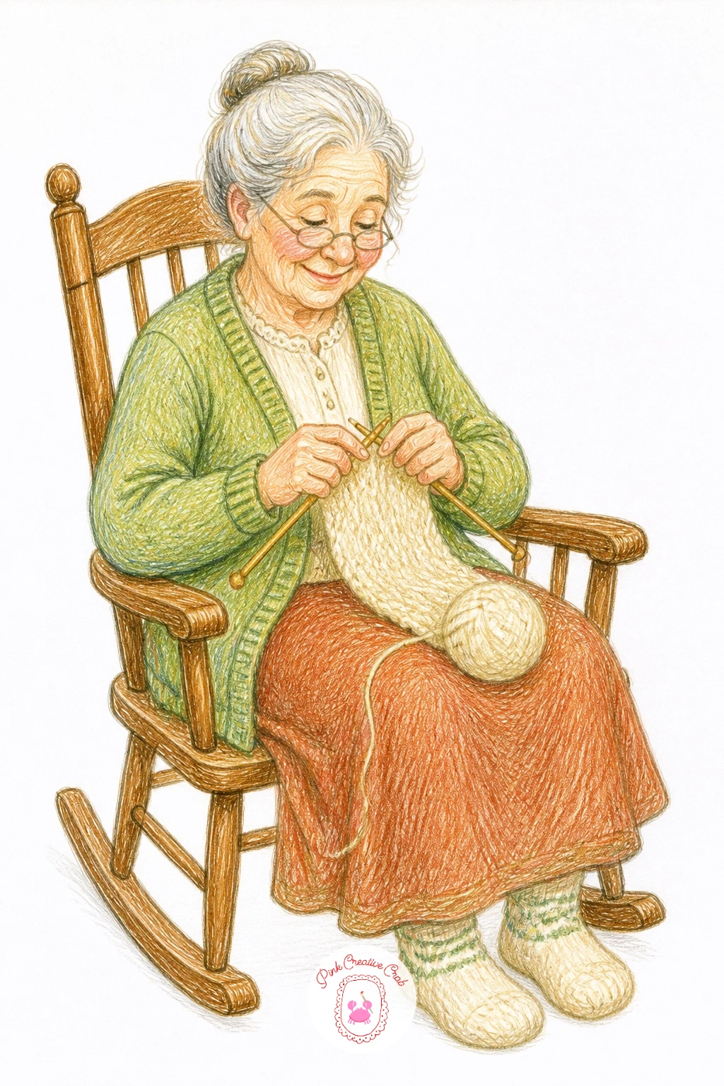 Grandmother Knitting in a Rocking Chair — Move from yarn to the knitter herself. Knitting drawing
