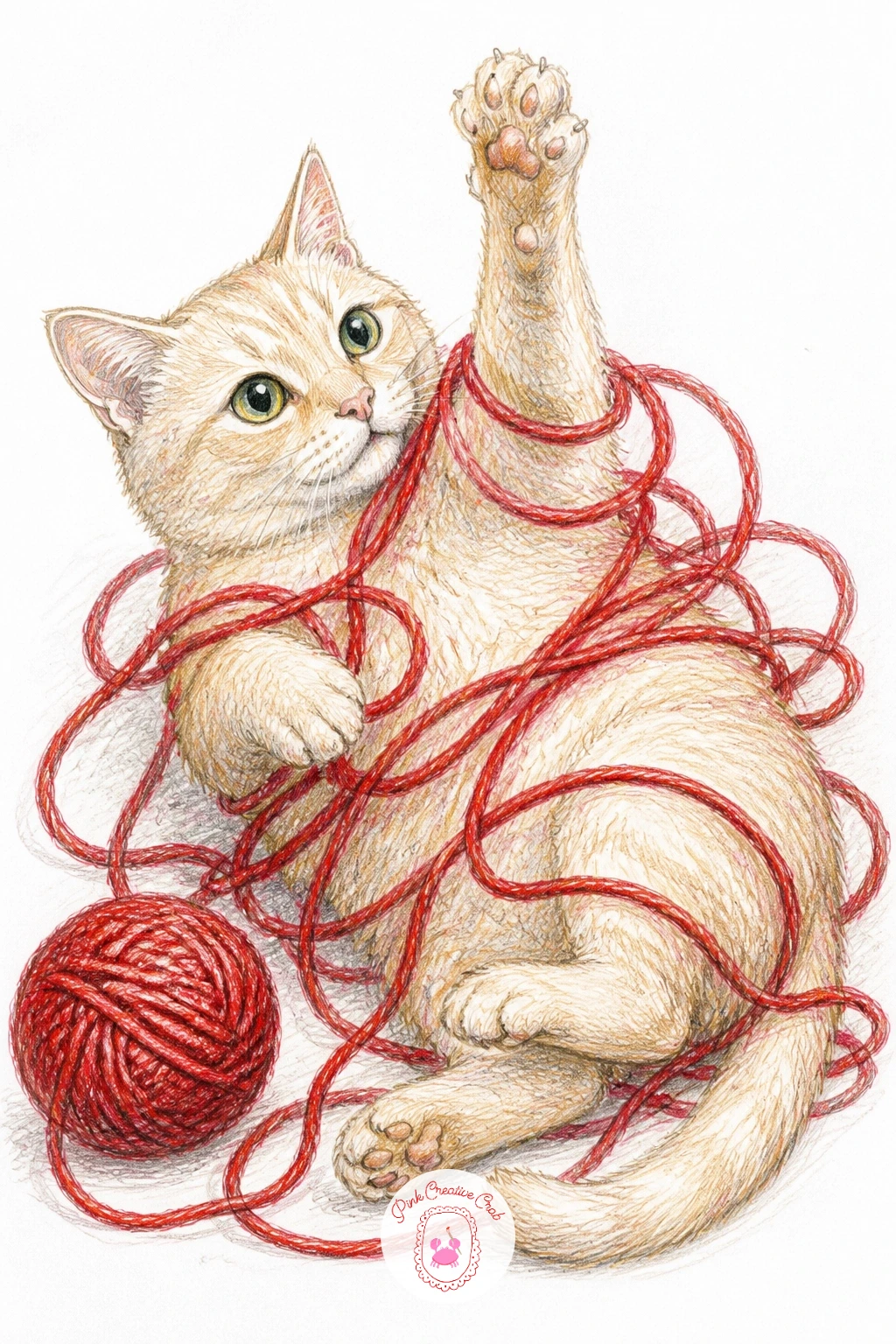 Cat Tangled in Red Yarn — After a quiet grandmother, bring in some mischief with a cat caught mid tangle in red yarn. Knitting drawing