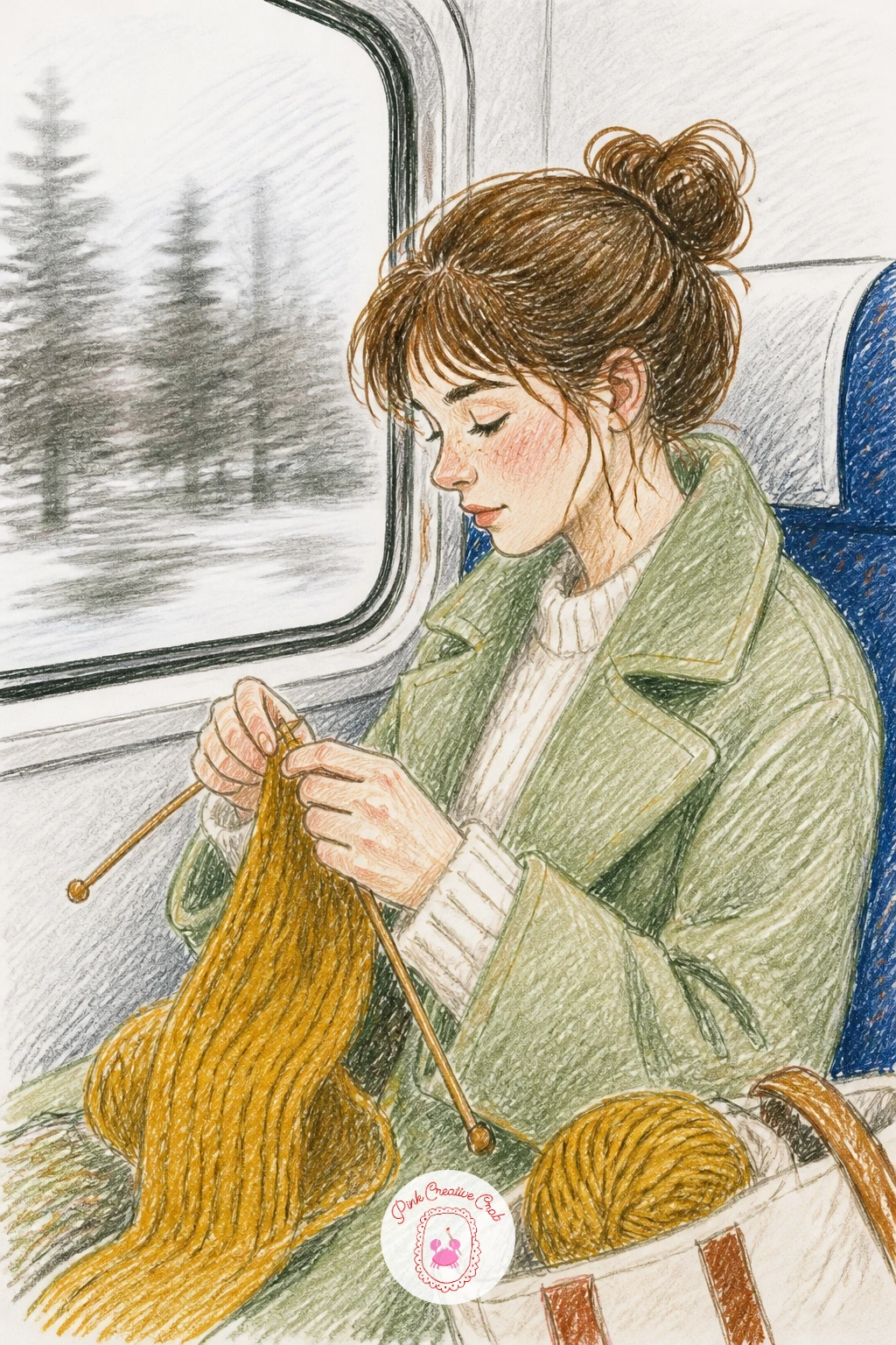 Girl Knitting on a Train by the Window — Bring the knitting out into the world with a girl working on a scarf as she rides a train. Knitting drawing